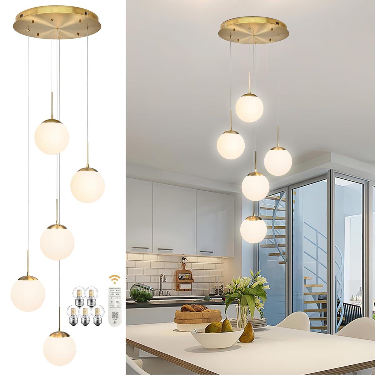 Koko&Yukina 5-Light Globe Glass Pendant Light Adjustable Length Pendant Lights