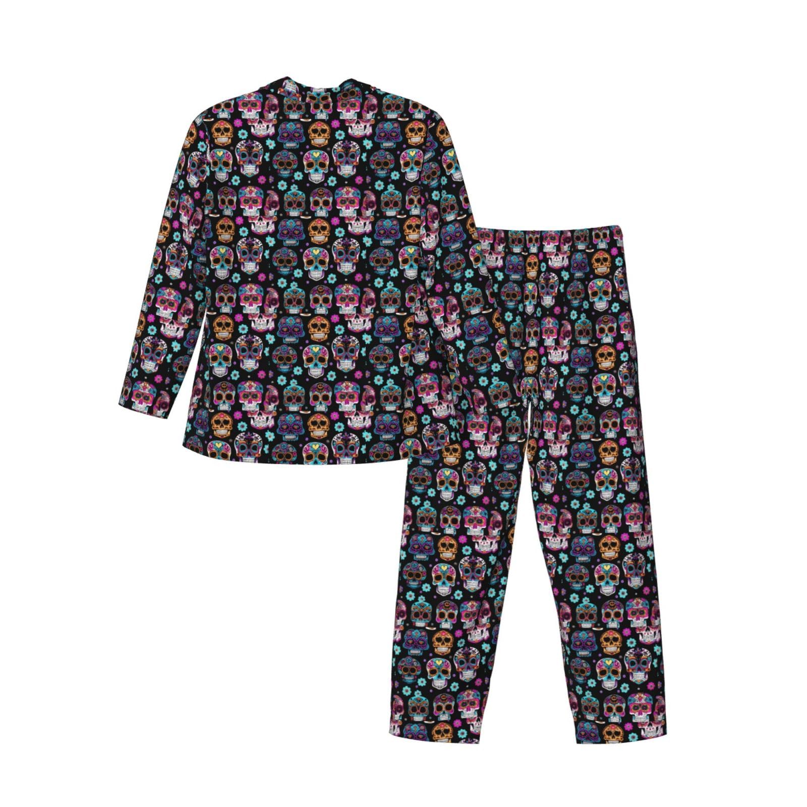Herren-Pyjama-Set mit Totenkopf-Aufdruck, langärmelig, zweiteilig, Hauskleidung, bequeme Nachtwäsche