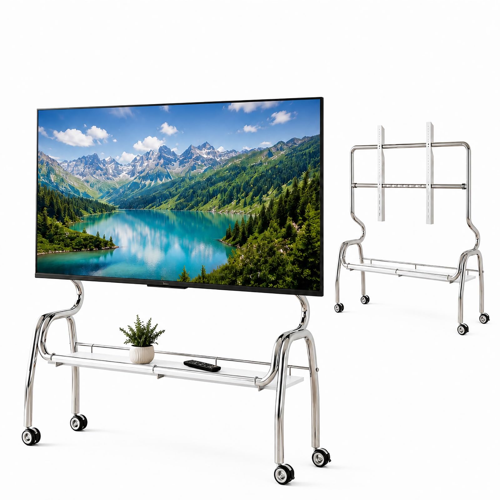 Carrello TV Mobile Portatile, Supporto TV con Ruote | Acciaio Inossidabile, Ruote con Blocco e Mensola Portaoggetti per TV da 32–75 Pollici(White,120cm/47in)