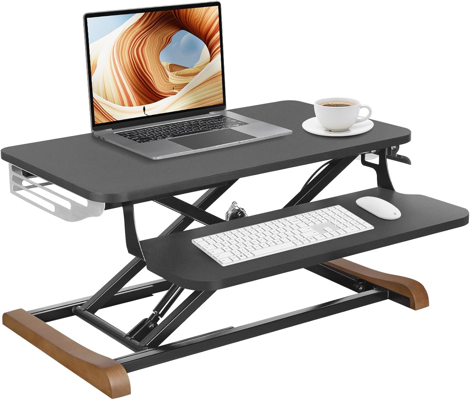 Height Adjustable Standing Desk Converter with Keyboard Tray, 26x16 Inch, Sit to Stand Desk Riser with Elegant Side Cover and Wooden Feet, Compact Monitor and Laptop Riser for Home & Office, Black Gas Spring Standing Desk Converter