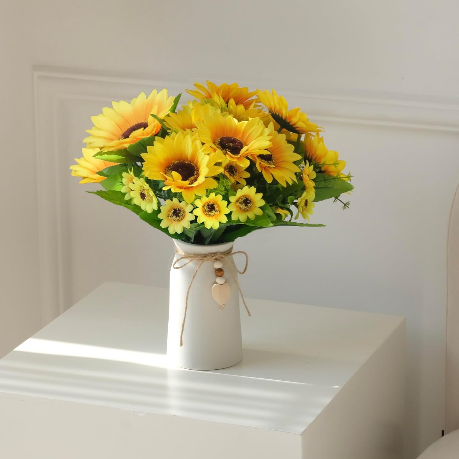 Artificial Sunflower Arrangement in Cream Vase, Silk Fake Flowers in Vase with Jute Rope & Heart Charm, Table Centerpieces for Dining Room, Kitchen and Table Décor - Image 7
