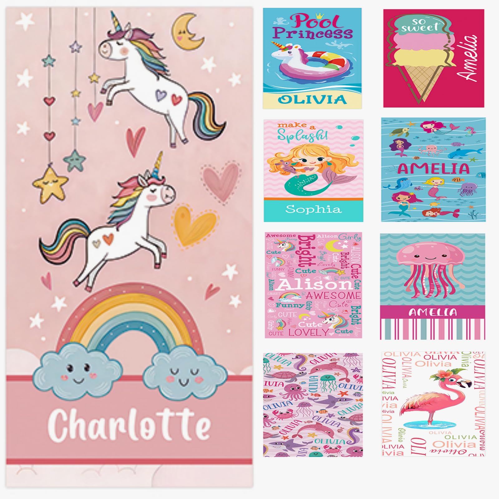 Sleeleece Personalised Beach Towel for Kids Women,Personalised Towel,Custom Beach towel with Name,Quick Dry Soft Microfibre Swim Towels for Girls,personalised Bath Pool Towels for Children