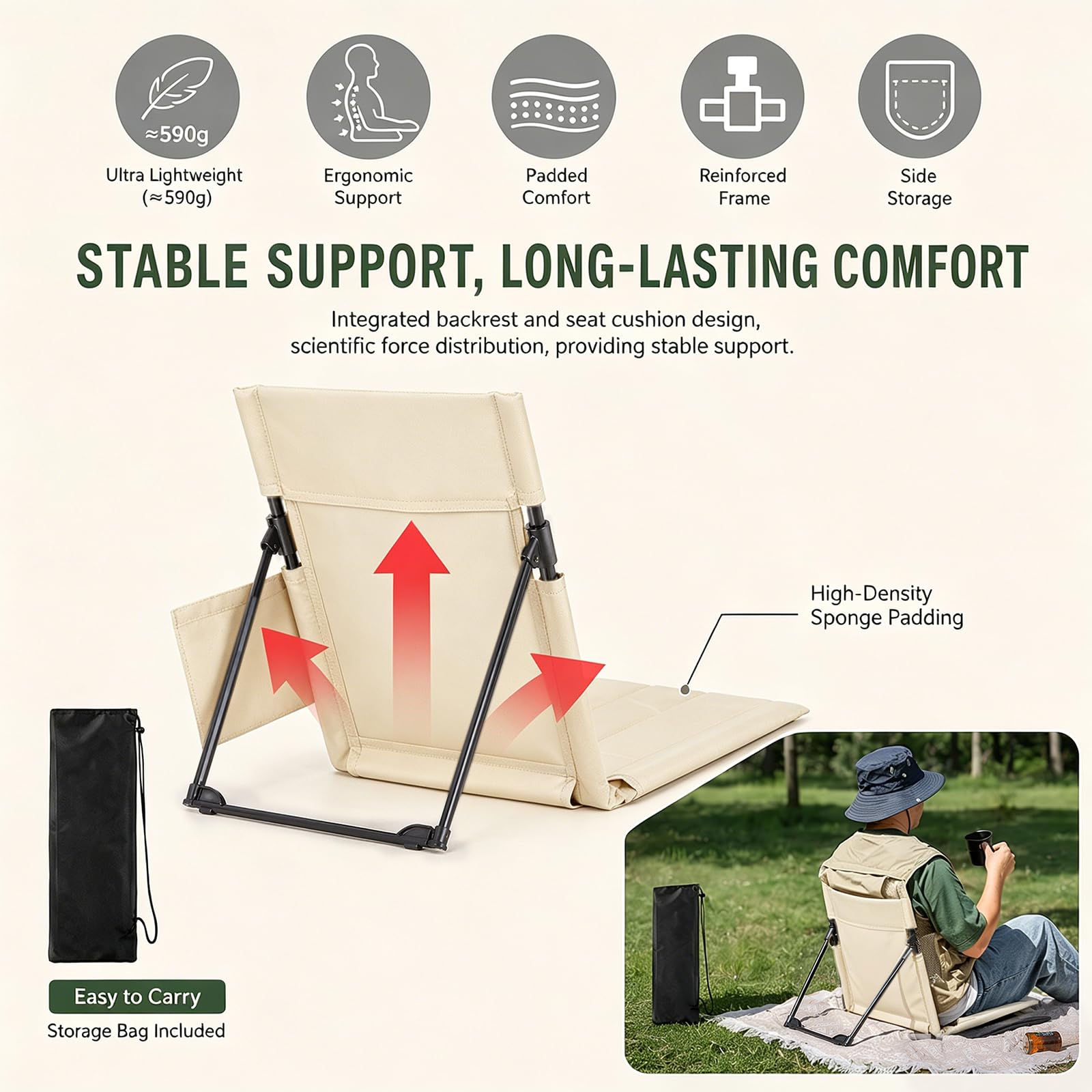 Sedia a sdraio pieghevole leggera con schienale 54x35cm, sedia a sdraio pieghevole per viaggi e campeggio, sedile da terra regolabile in altezza con tasca, per spiaggia, lago, giardino, robusta