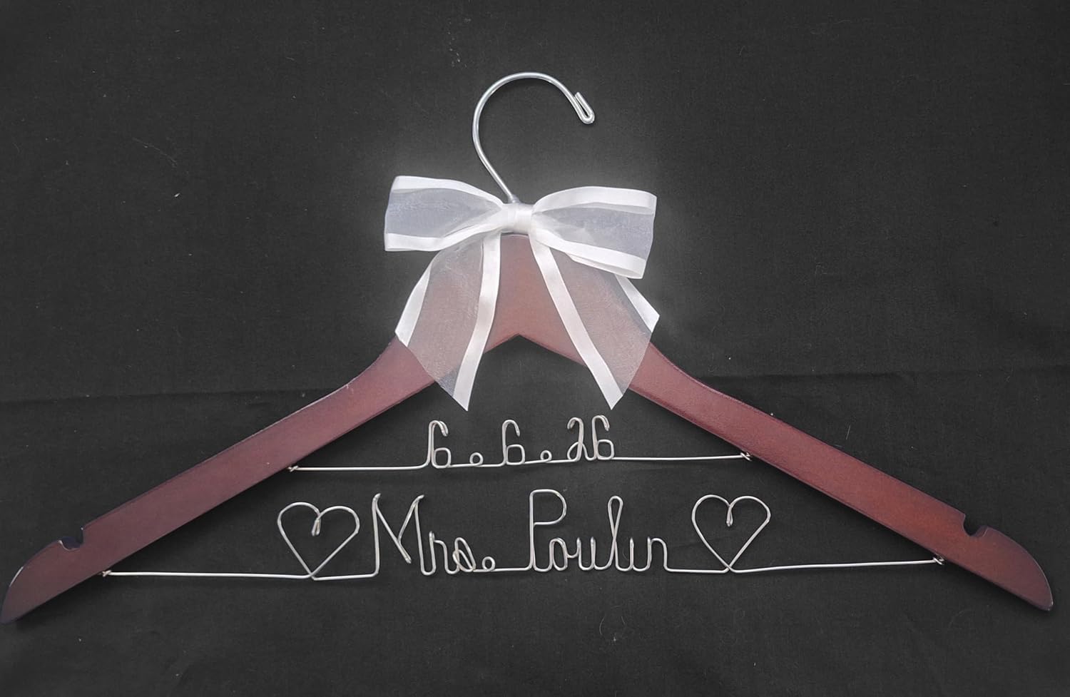 Wedding Hanger for Bride Dress Groom Suit - Custom Personalized Name or Add Date White or Dark Wood Hanger with Notches - Silver or Gold Wire Writing - 9 Bow Colors - Shower Judge Doctor Gift