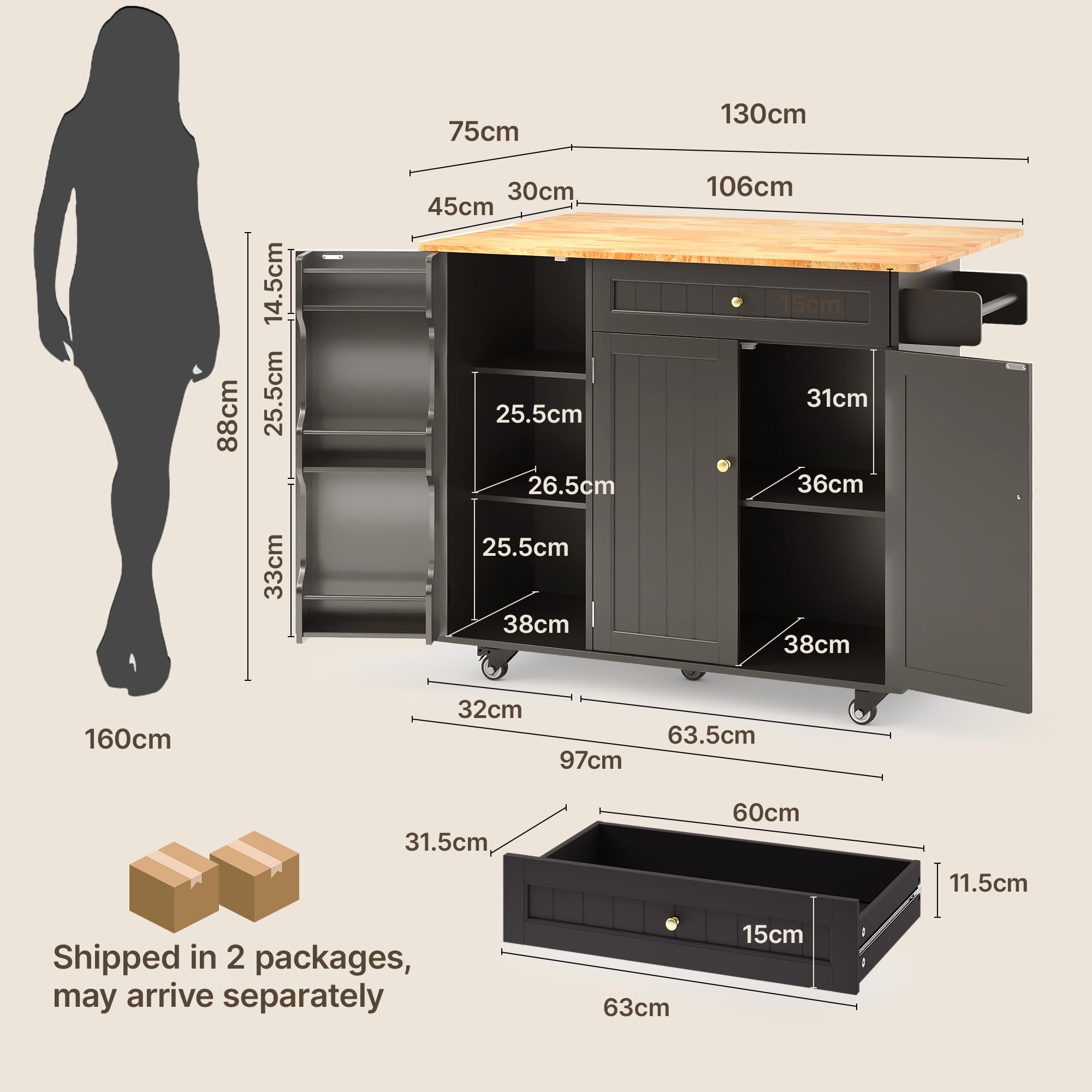 Xbro Kücheninsel mit Arbeitsplatte, Küchenwagen auf 5 Rädern mit Ablage und 1 Schublade, für Küche und Esszimmer, 130 × 75 × 88 cm, Schwarz