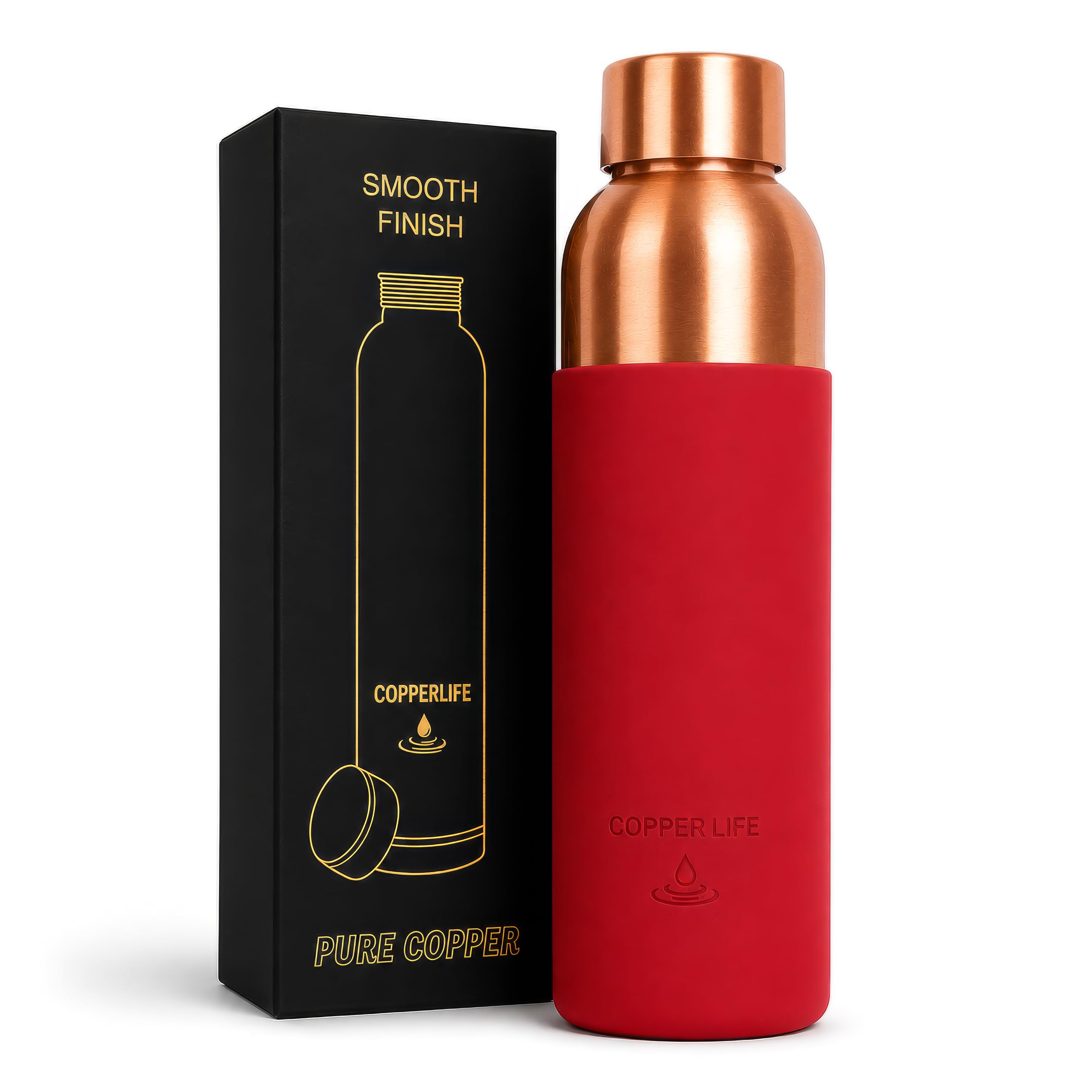 New Launch Wasserflasche aus 100 % reinem Kupfer, reines Kupfer für Ayurveda-Gesundheit, glatte Oberfläche mit rotem Silikongriff für Eleganz und besseren Halt, getesteter auslaufsicherer Deckel