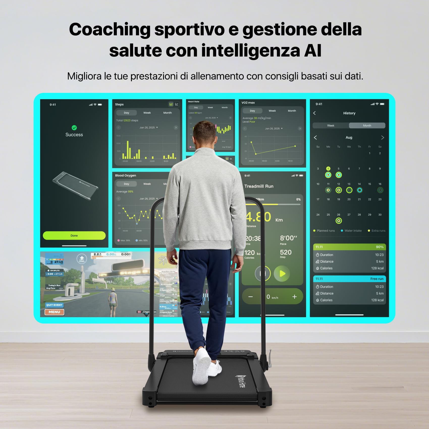 Mobvoi Home Tapis Roulant AI Intelligente 3 in 1 per casa e ufficio Supporto per Tapis Roulant per Tazza Telefono Laptop Ampia Area di Corsa Display a LED TicSports Zwift Kinomap APP 12km/h 120kg