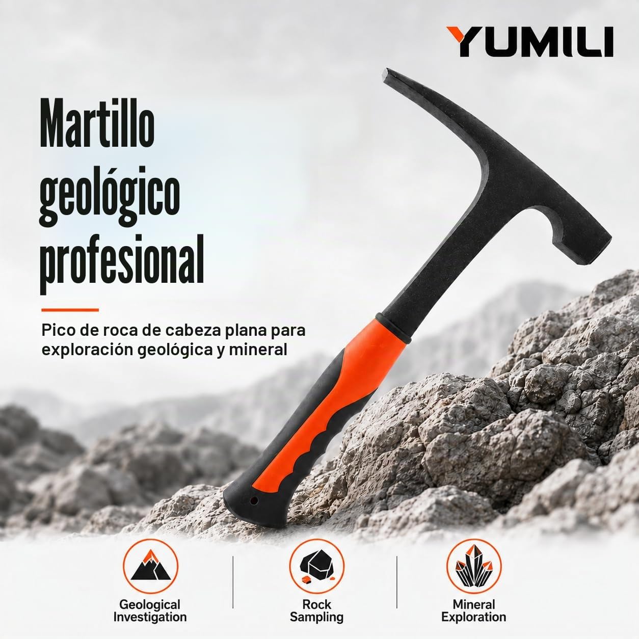 Geológico Exploración Martillo, Martillo Geológico Profesional 850g, Geología Rock Pick Hammer, Pico de Roca de Cabeza Plana, Herramienta de Exploración de Minerales para Geología al Aire Libre, 285mm
