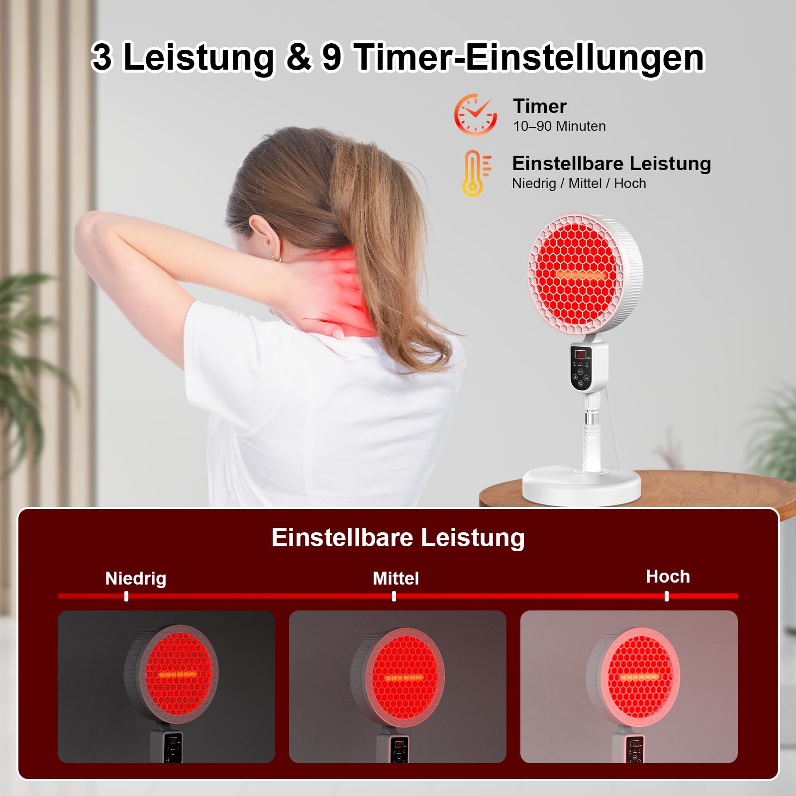 Rotlichtlampe, 220W Infrarotlampe Teleskopisch Verstellbar, mit 3 Leistungsstufen, 10–90 Minuten Timer, Automatischer Abschaltfunktion, Verstellbarem Winkel für Den Heimgebrauch
