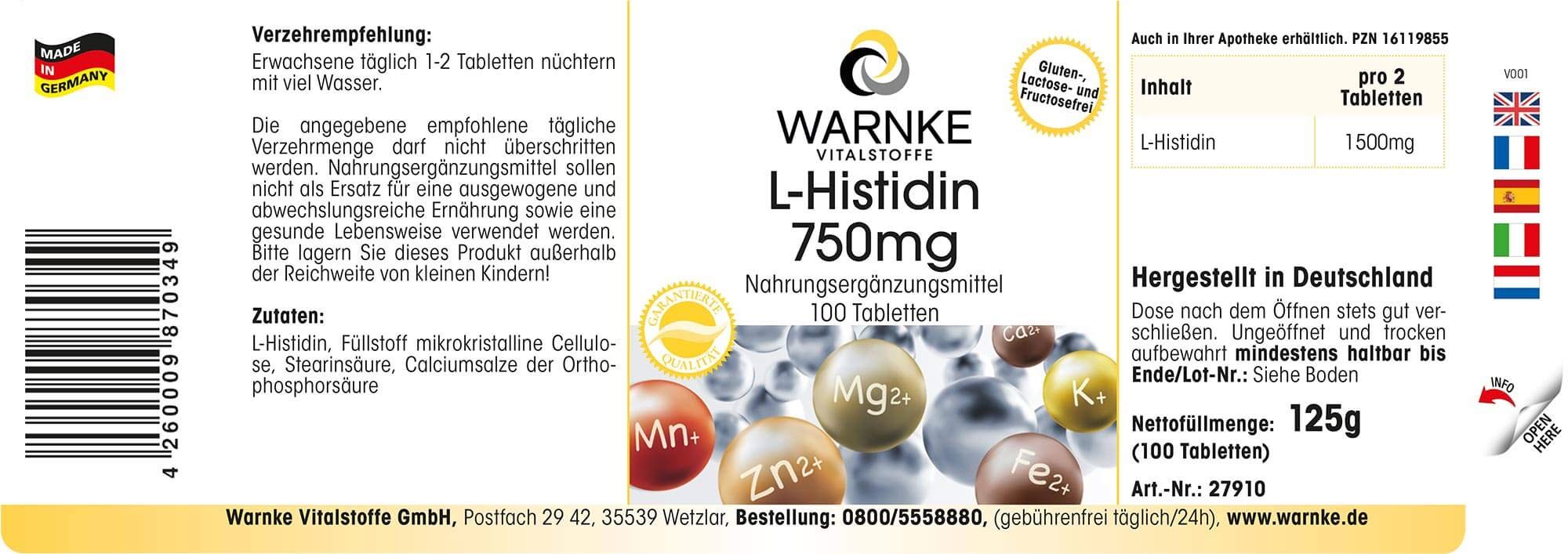 L-Histidin 750mg - hochdosiert & vegan - Aminosäure - 100 Tabletten | Warnke Vitalstoffe - Deutsche Apothekenqualität (Packung mit 2)