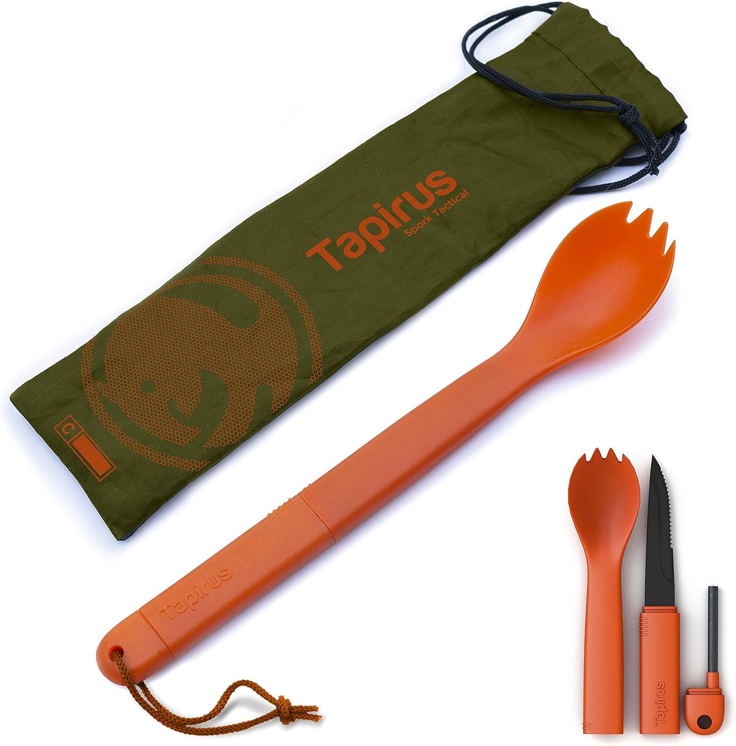 Tapirus Spork Tactical Orange | BPA Free Spoon Fork, Stainless Steel Knife and Fire Starter | 4 in 1 multipurpose utensil | Take it hiking, camping or backpacking |Carrying case for outdoor activities