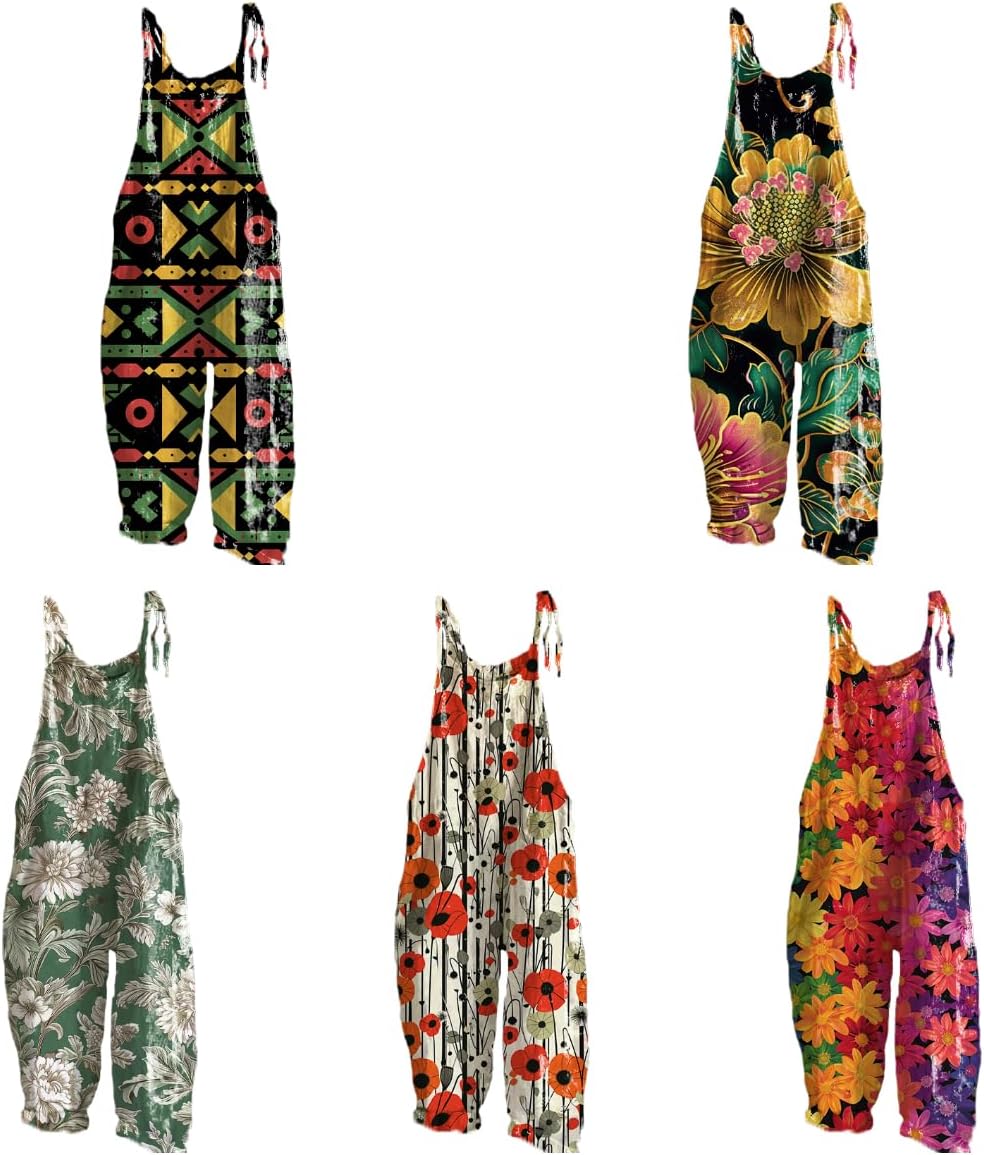 Rompers For Women 2024 Boho Floral Printed Strappy Wide Leg Jumpsuits Soft Vintage Overall Jumpsuit for Women