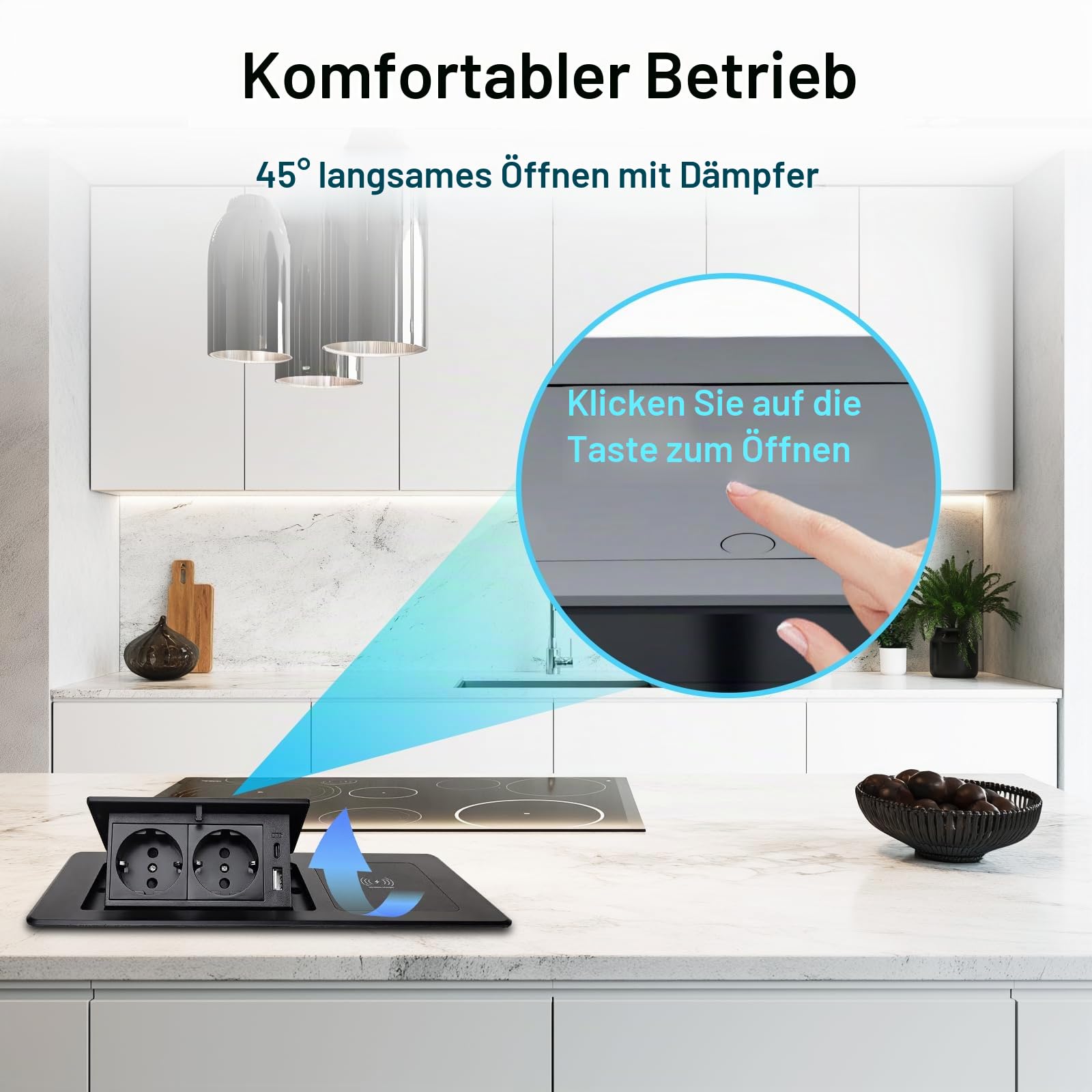 Versenkbare Steckdose 2-Fach mit USB-C PD 20W Schnellladefunktion & 15W kabellosem Ladegerät, Pop-Up Tischsteckdose für Arbeitsplatte, Schreibtisch und Küche, platzsparende Steckdosenleiste Einbau