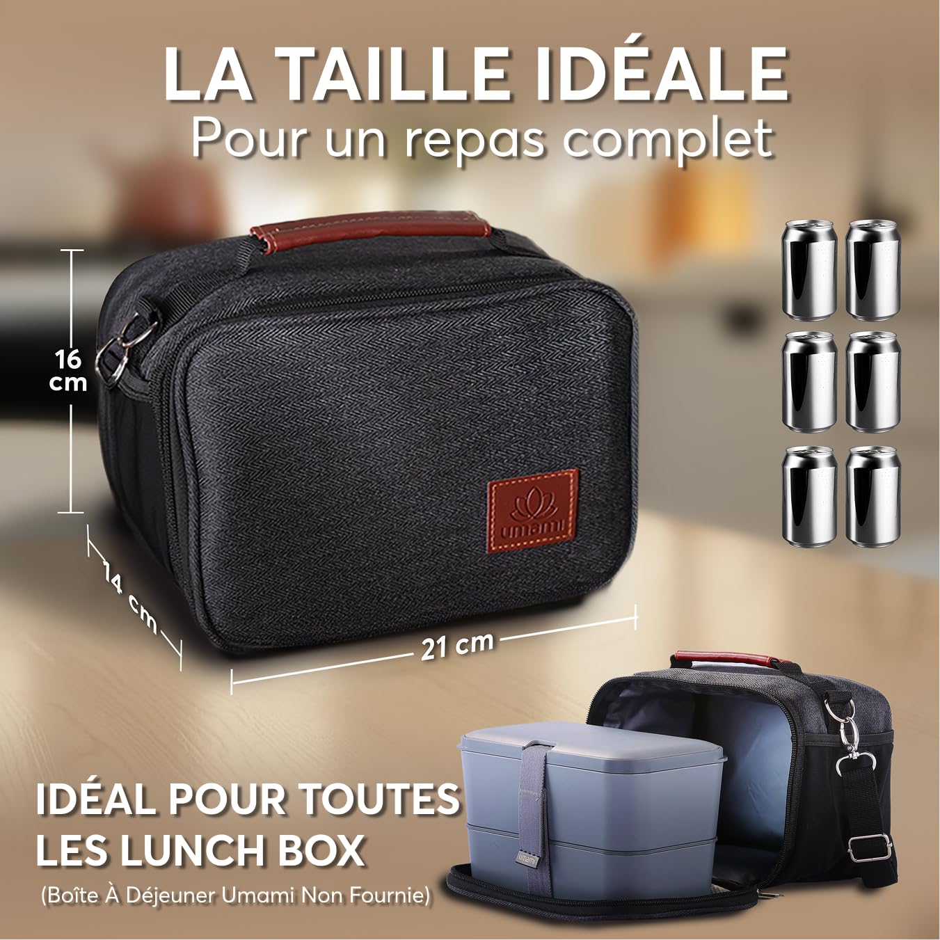 Umami Sac Isotherme Repas Femme/Homme 4L, L'élégance et la fraîcheur au Quotidien avec Notre Lunch Box Isotherme, idéale pour Le Bureau, sur Le Pouce, Petite Glacière Souple, Noir Uni