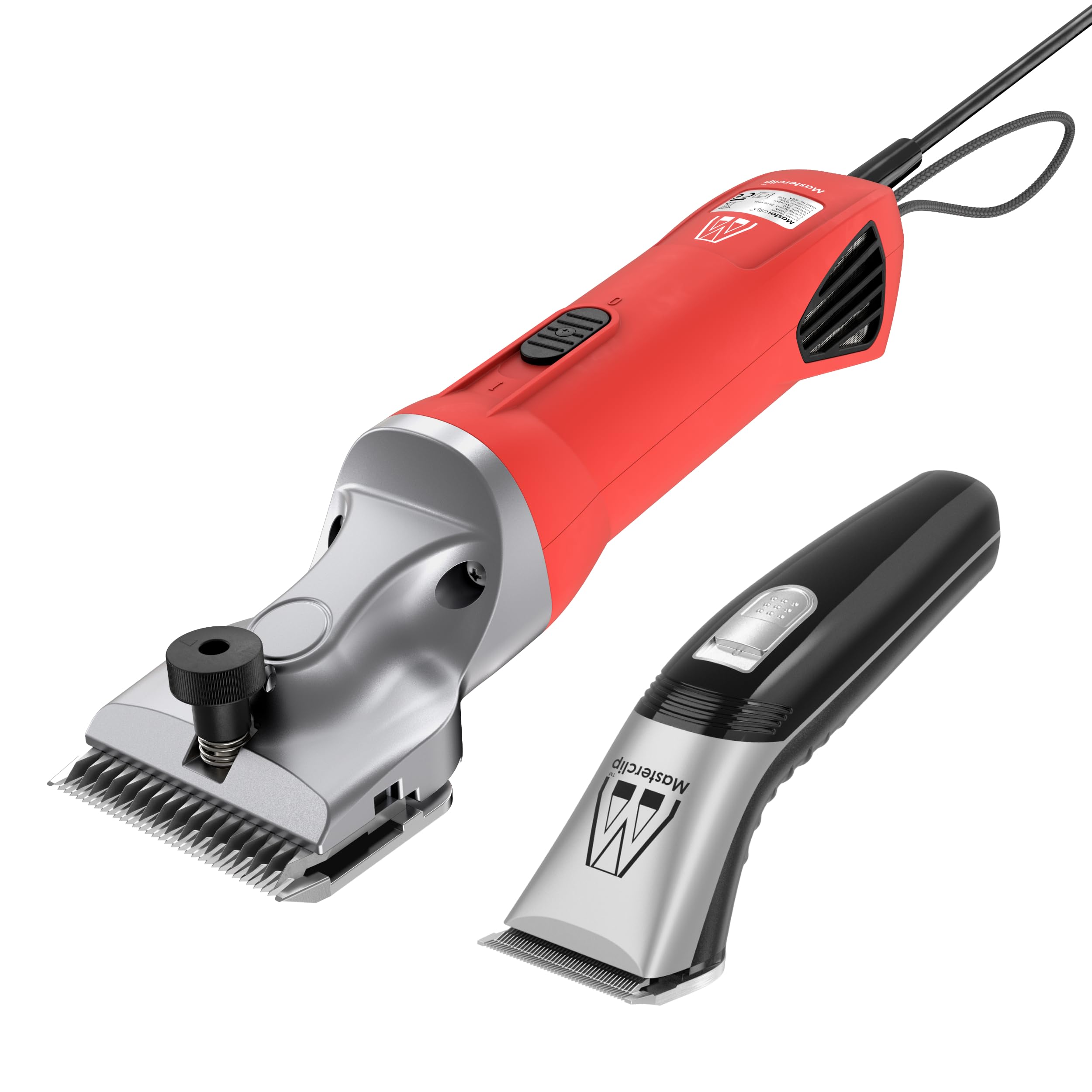 Masterclip Horse Clipping Combo – Mains Powered Heavy Duty Hunter Clipper and Cordless Showmate Mark II Trimmer (Red Hunter & Silver Showmate)