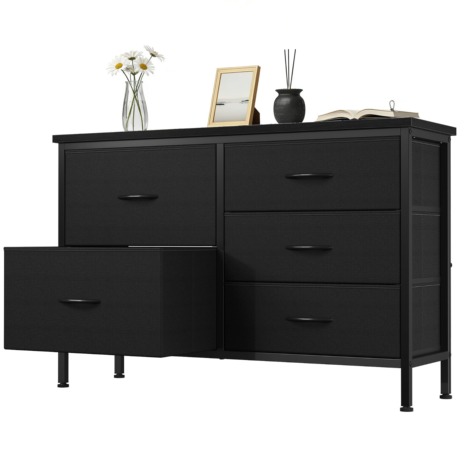 DUMOS TV Stand for Bedroom with 5 Storage Drawers, Fabric Chest of Drawers with Metal Frame, Living Room Storage Organizers Units for Clothes, TV Stand and Hallway, Black