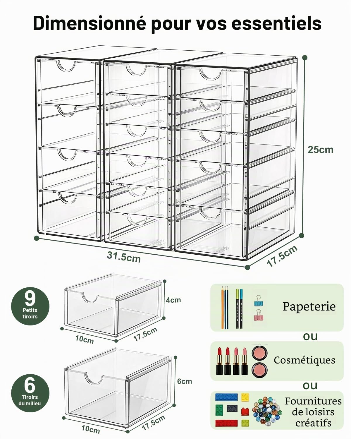 GoMaihe Organisateur de Maquillage 15 Tiroirs, Lot de 3 Rangement de Bureau Transparent Antipoussière