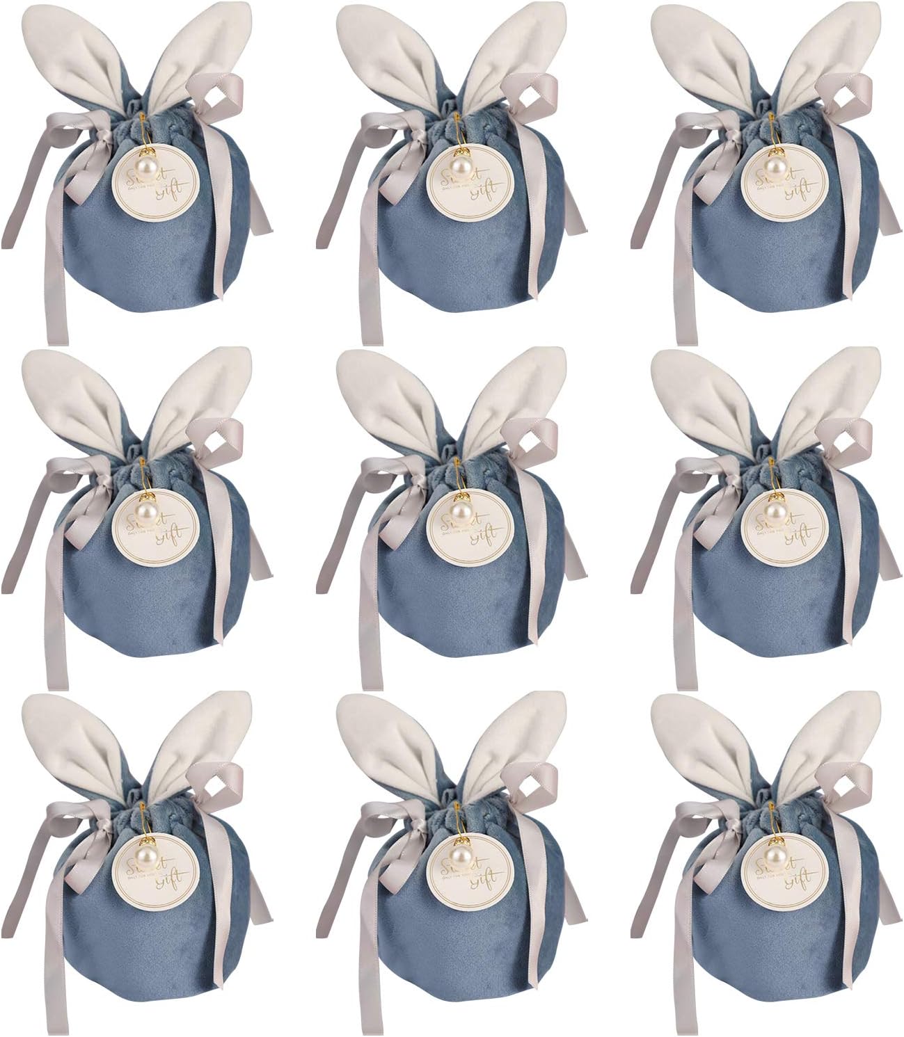 VIDELLY 9 Pieces Easter Bunny Gift Bags Velvet Bags with Drawstrings 3x4inch Easter Basket Bunny Favor Bag Rabbit Ear Bags Treat Bags Flannel Candy Gift Wrap Bags Birthday Party Favors Supplies,Blue