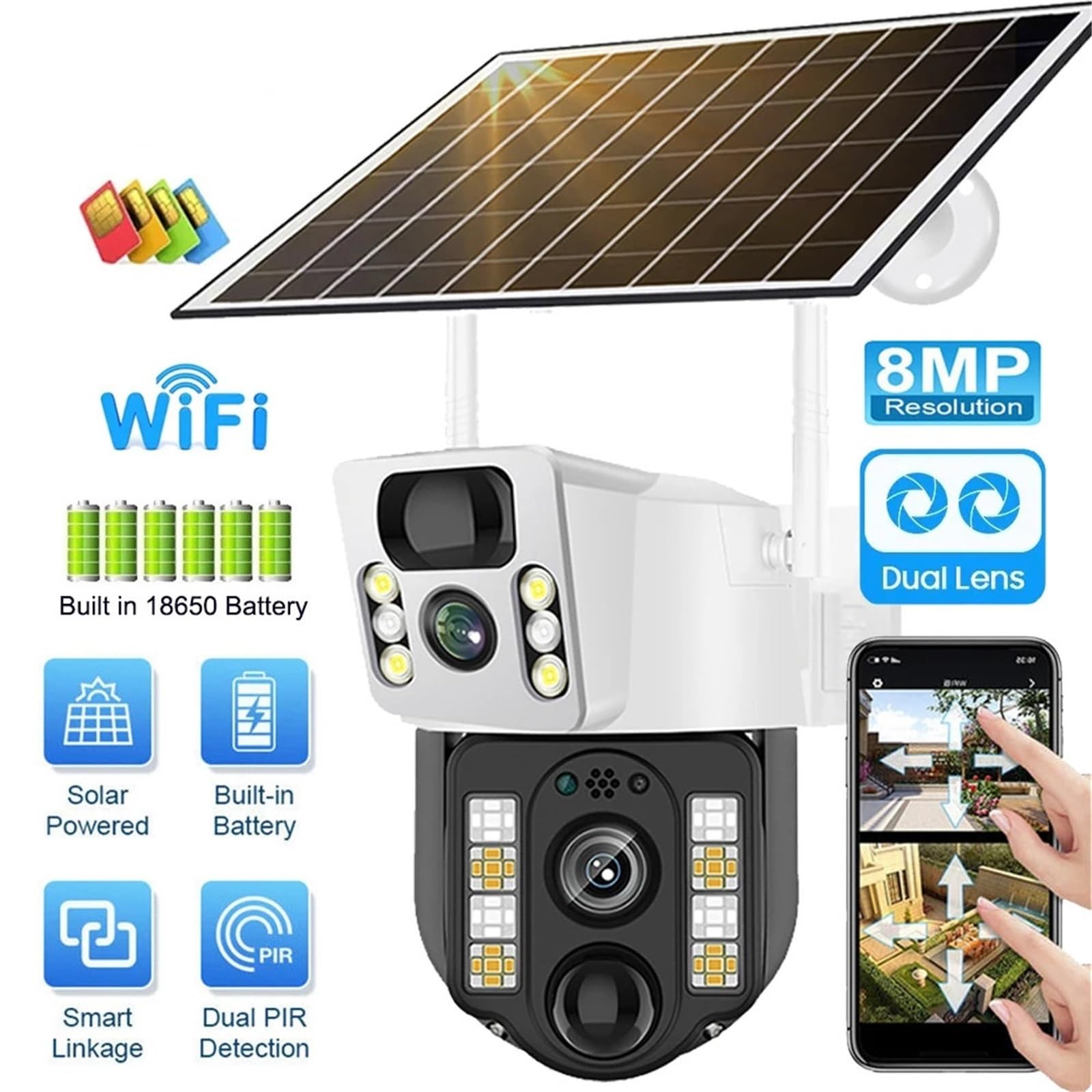 Kamera bezpieczeństwa, Kamera solarna IP CCTV Kamery do monitoringu WiFi/4G Zewnętrzny monitor bateryjny Inteligentny dom PIR Wykrywanie humanoidalnych obiektów Ochrona bezpieczeństwa(4G Cam 64G Card)