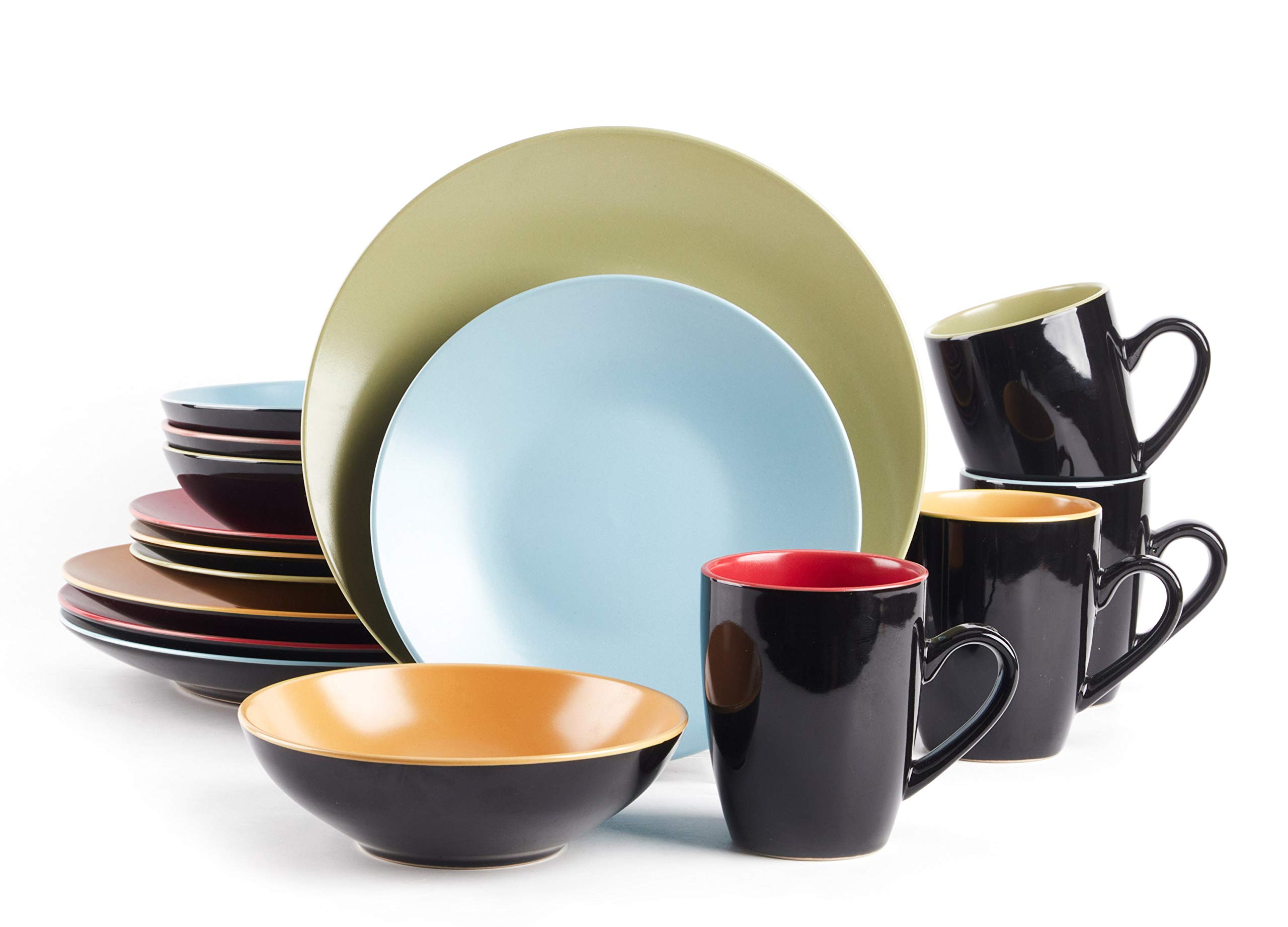 HomeVss Stoneware Two-Tone Colors Life 16pc Dinnerware Set?Outside Shinny Black + Inside Matte Finished Very Funny - 4 Assorted Colors Turquoise, Olive, Curry and Red