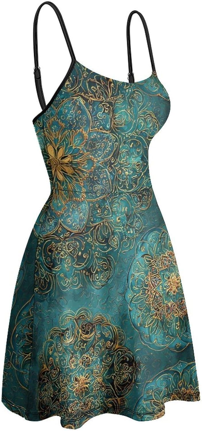 Sapphire & Jade Mandalas Short Cami Dress for Women Adjustable Spaghetti Strap Flowy Sundress Beach Vacation