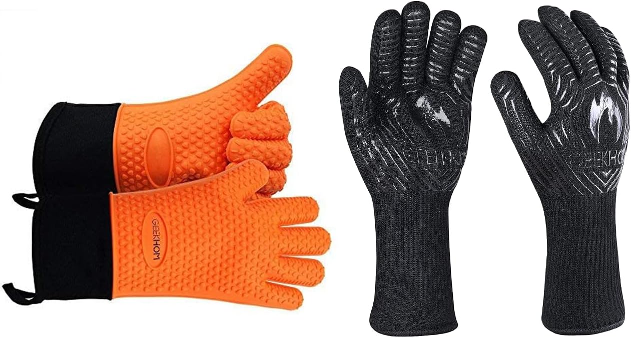 GEEKHOM Grilling Gloves, Heat Resistant Gloves BBQ Kitchen Silicone Oven Mitts L& Aramid Grilling Gloves 1472℉ Heat Resistant : Patio, Lawn & Garden