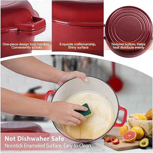 Miniatura 7 de TeamFar Horno holandés de hierro fundido esmaltado 2 en 1, olla holandesa de 5 cuartos de galón con tapa de sartén para hornear pan, estofado,