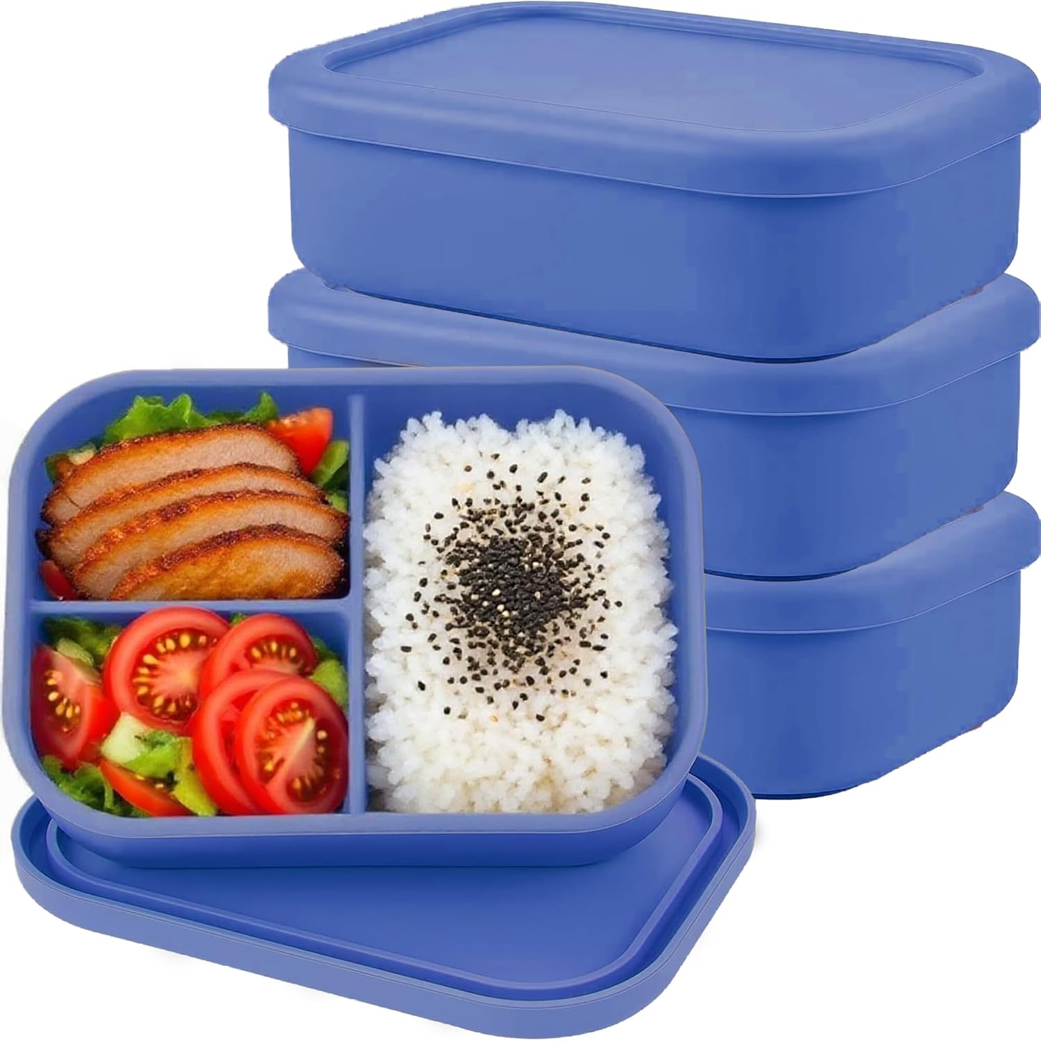 Silicone Adult Bento Box, 3 Compartment Leakproof Silicone Lunch Container, Lunch Box for Men and Women, BPA-Free, Microwave/Dishwasher/Freezer Safe, Reusable Snack Containers (3PCS-Royal Blue)