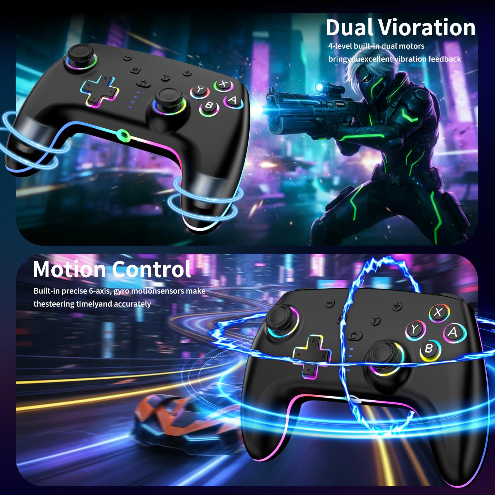 RGB Wireless Controller für Switch Switch 2 Lite OLED PC, 2er Pack Gamepad mit 7-farbiger LED Beleuchtung, 6-Achsen Gyrosensor, Doppelte Vibration & Turbo-Funktion
