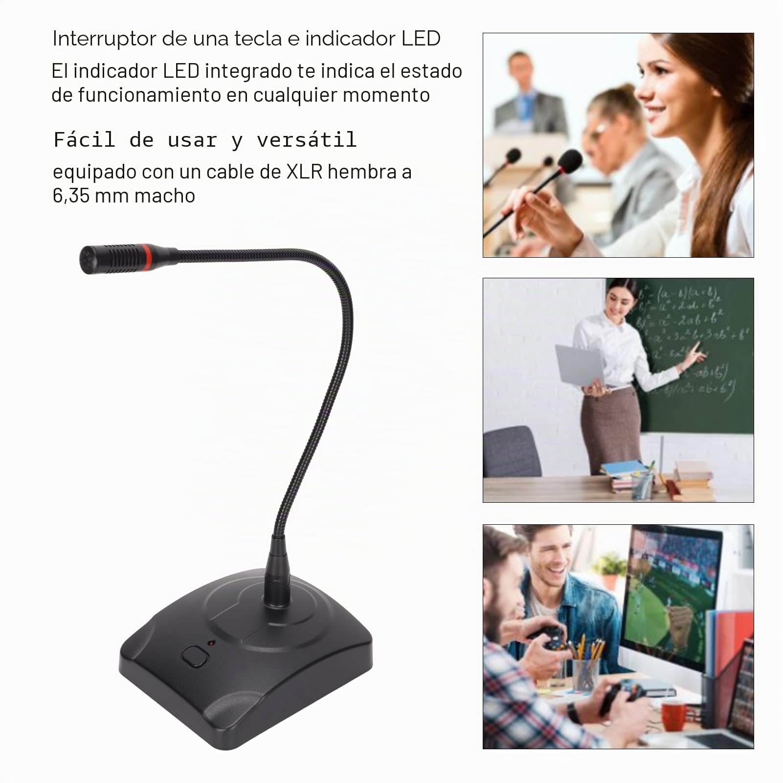Micrófono de Sobremesa con Cable, Micrófono de Condensador Omnidireccional, Cuello de Cisne Ajustable 360, con Cable XLR a 6,35 Mm, para Conferencias/Grabaciones de Voz en la Web/Retransmisiones