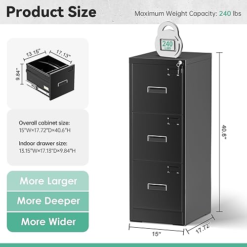 Miniatura 3 de INTERGREAT Archivador alto de 3 cajones, archivador de metal negro con cerradura, archivadores de bloqueo vertical con 4 marcos ajustables para
