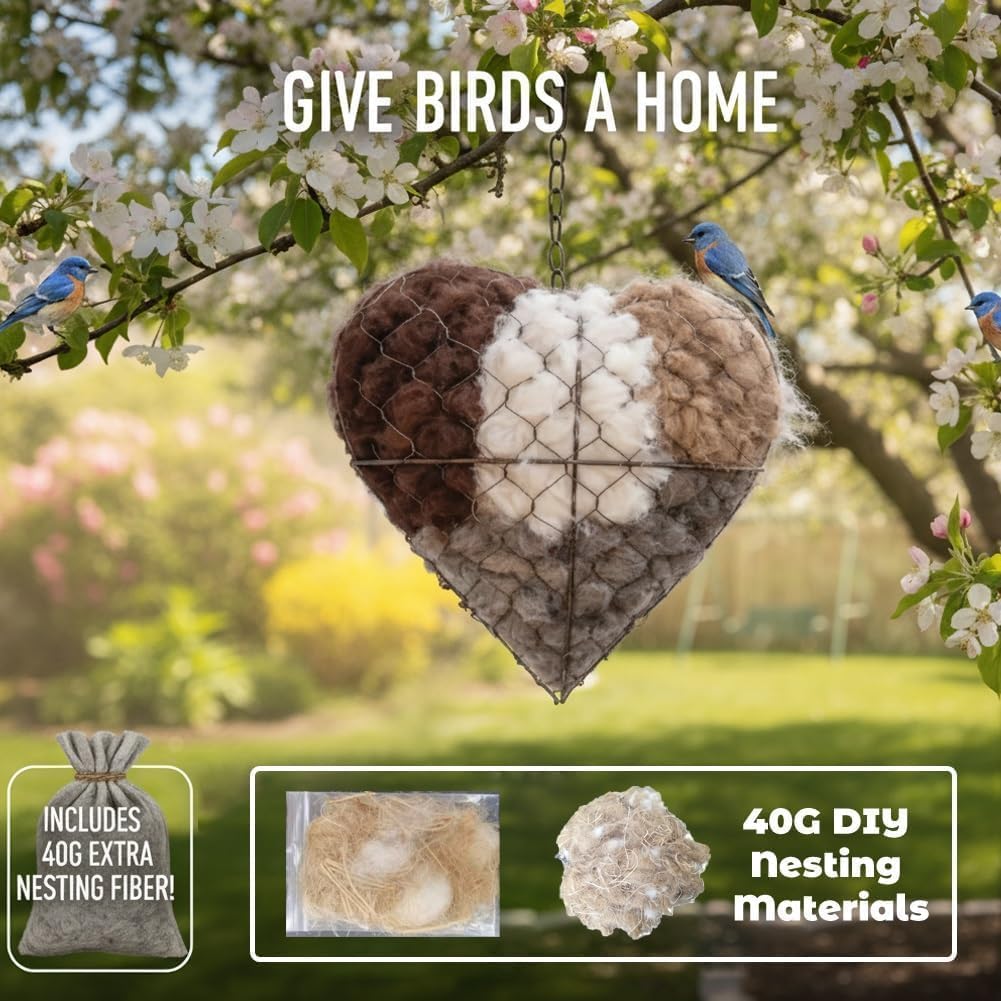 Handmade Fiber Bird Nesting Heart, Refillable Birds Haven 1 Heart-Shaped Hummingbird Nest with 2 Bags of Nesting Material, Winter Tree Shelter for Wild Birds, Gifts for Hummingbirds Lovers (2PCS)