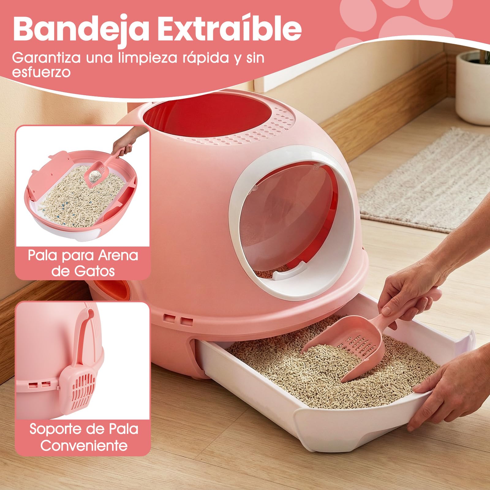 COSTWAY Arenero para Gatos Cubierto, Estilo Helicóptero, Caja de Arena Plegable para Gato con Entrada Frontal y Salida Superior, Pala, Bandeja Portátil para Gatos Grandes, 54 x 46 x 39 cm (Rosa)