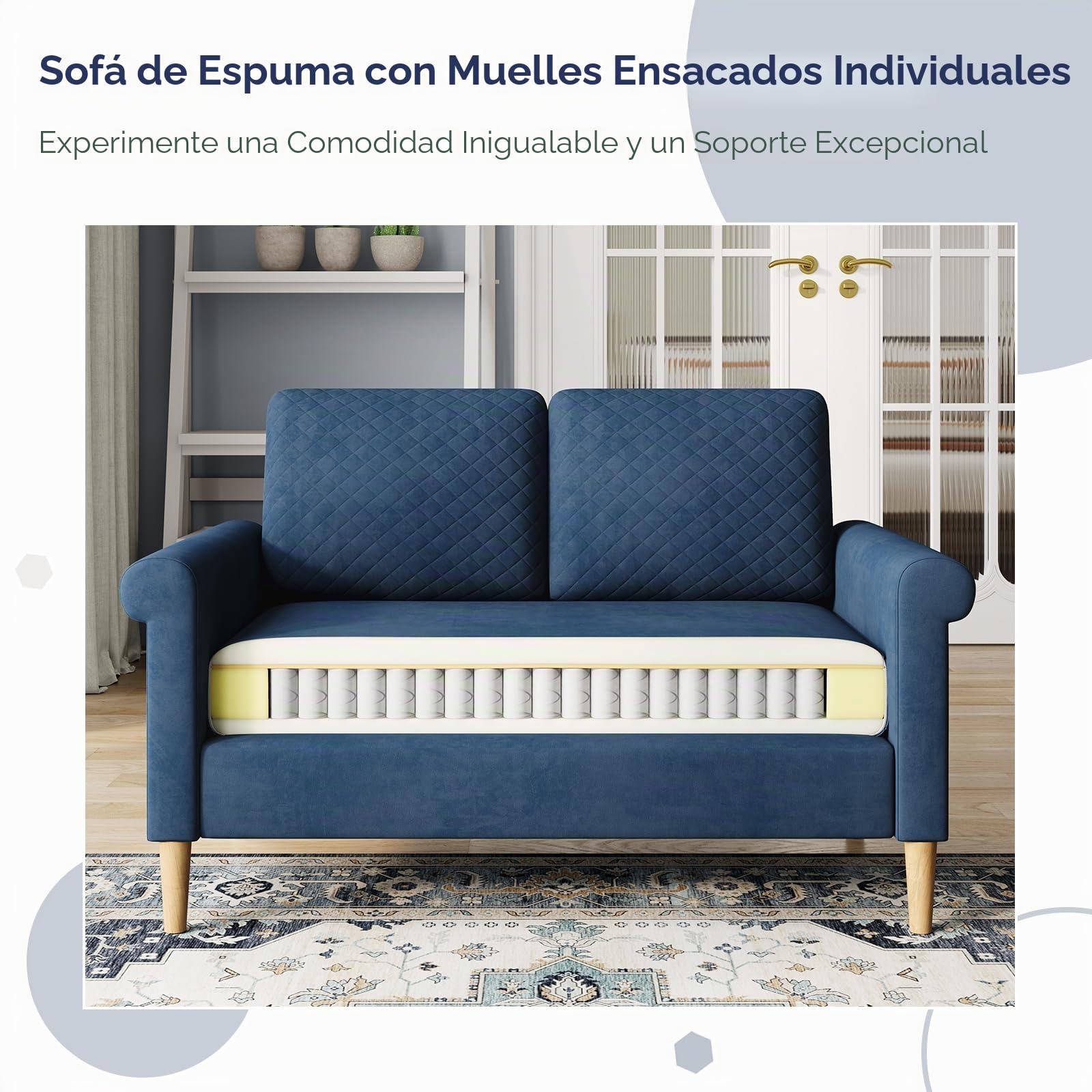 Vesgantti Sofá Pequeño de Tela de 2 Plazas, con Bolsillos de Almacenamiento en Ambos Lados - Mini Sofá Acolchado Salón u Oficina, Montaje sin Herramientas - 123 x 70 x 88 cm, Azul