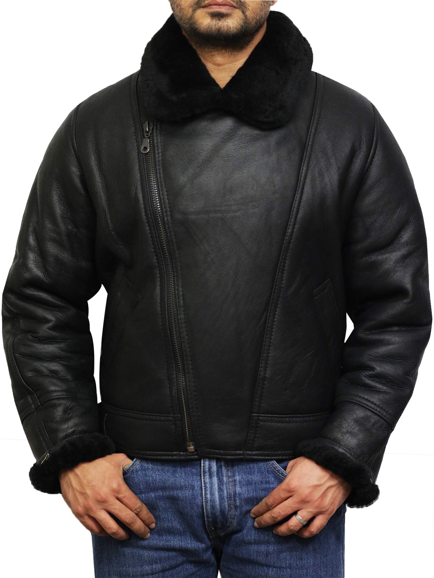 BRANDSLOCK Men Aviator Real Shearling Sheepskin Leather Bomber Flying Jacket (M, Black)