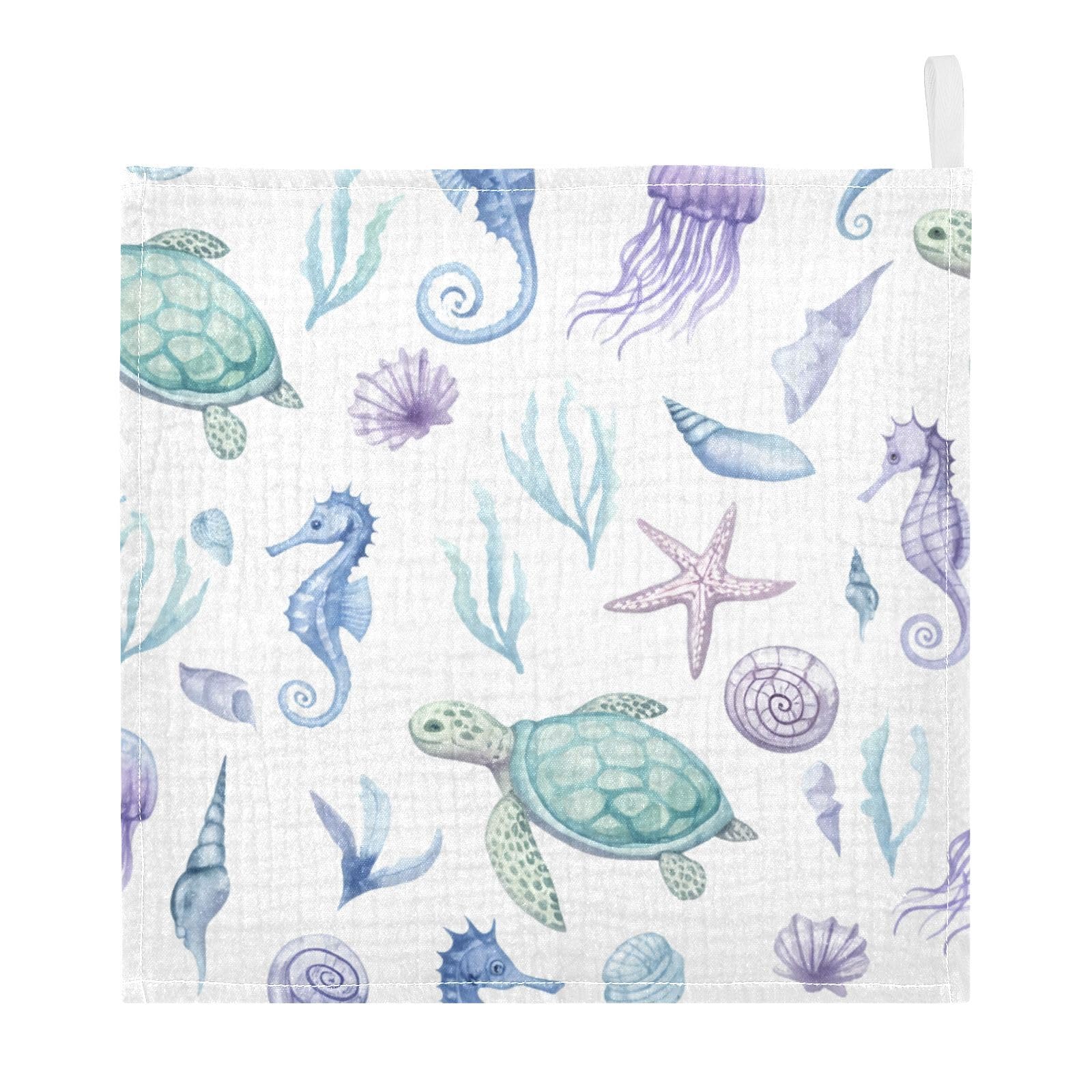 Ttgoth Ocean Animals Baby Muslin Washcloths, 5 Pack 4-Layer Cotton Face Towels with Hanging Loop, Soft Absorbent Wash Cloths for Newborns, 30 x 30 cm
