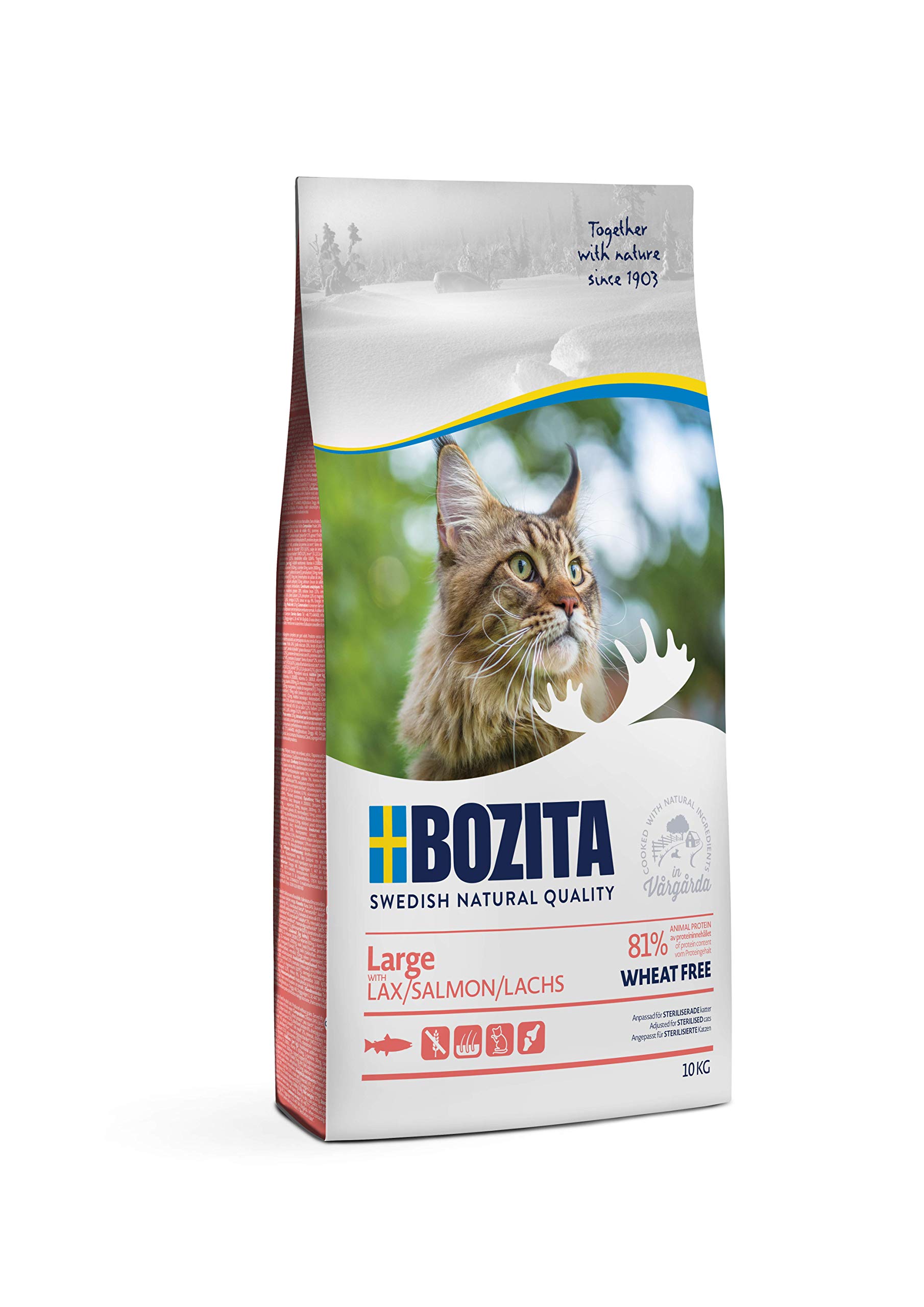 BozitaLarge Wheat Free Salmon - 10 kg Dry Food for Large Cat Breeds - Wheat Free Cat Food with 31% Protein & 18% Fat - For Sensitive Cats - No Sugar & GMO