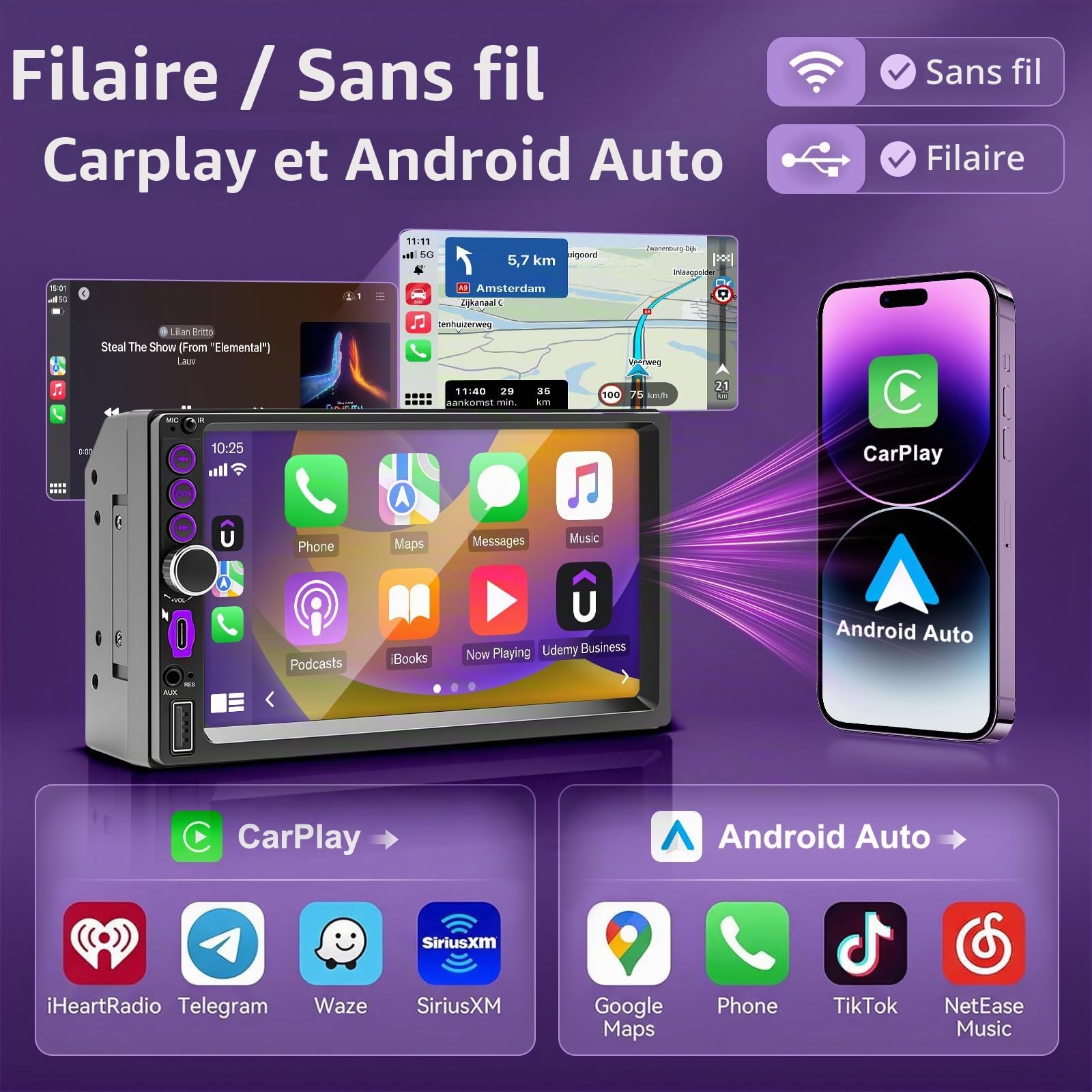 Autoradio 2 DIN avec CarPlay sans Fil et Android Auto - 7 Pouces Écran Tactile IPS, Poste Radio Voiture Bluetooth avec Caméra de Recul, Mirror Link, Type-C, USB, FM, Control Volant, Navigation GPS