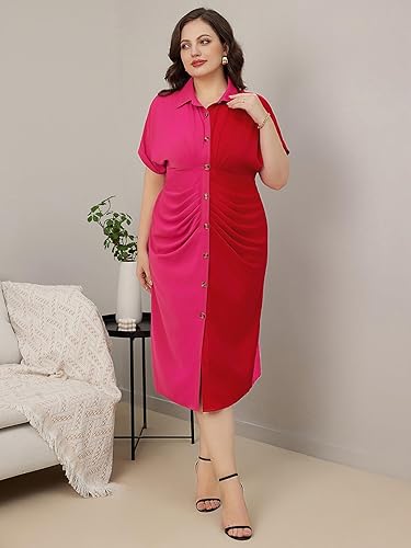 Miniatura 3 de WDIRARA Vestido camisero con cinturón y manga corta de murciélago para mujer