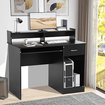 BLKMTY Computer Desk with Drawers, Home Office Desk with Keyboard Tray 43" Study Desks for Teens Gaming Desks Wood Executive Table with Monitor Stand Writing Table Workstation, Black
