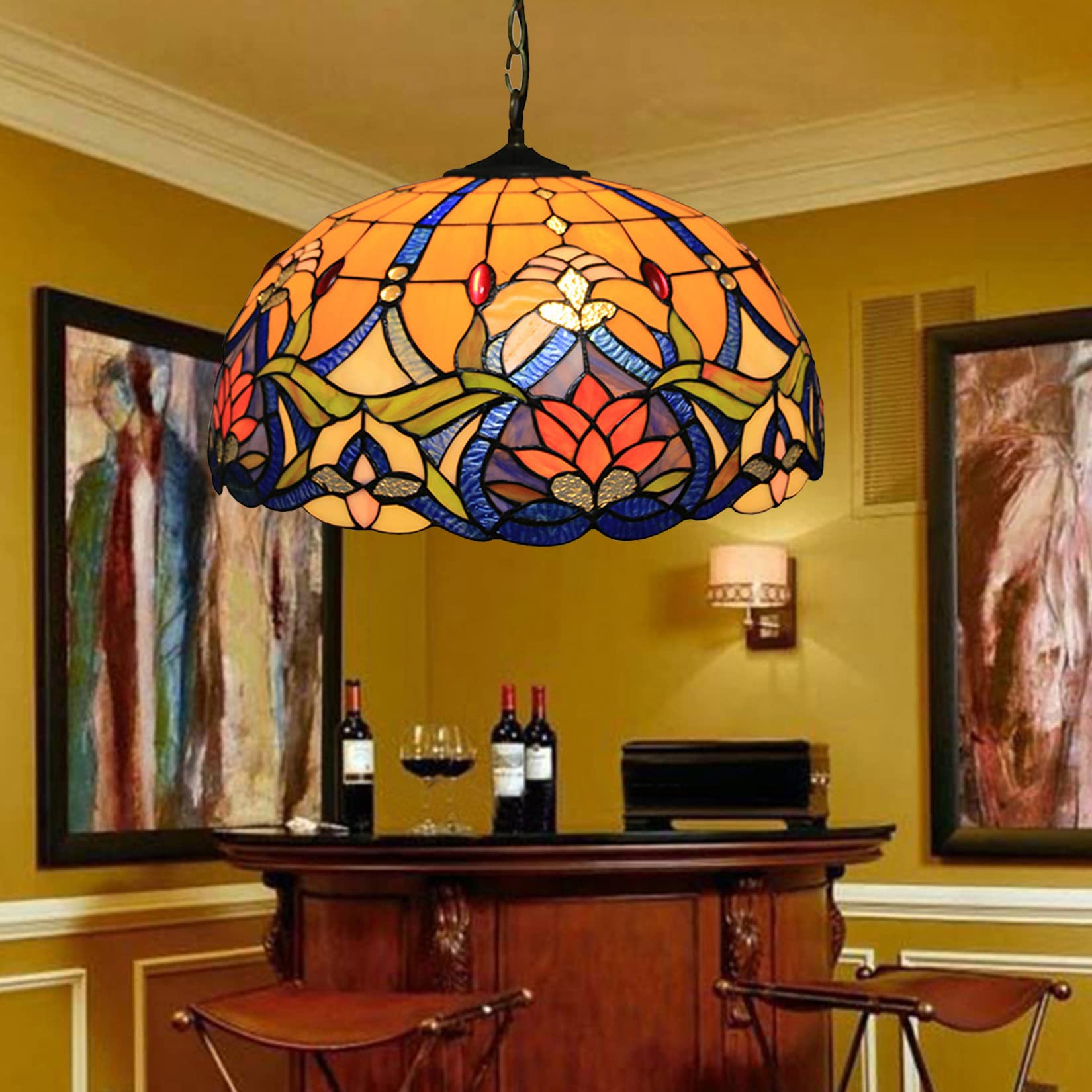 HJRegaFimu Pendant Light For Kitchen Island Floral Flowers Stained Glass Lampshade Farmhouse Hanging With Chain Mini Swag Chandelier Dining Room Hallway Closet (16in)