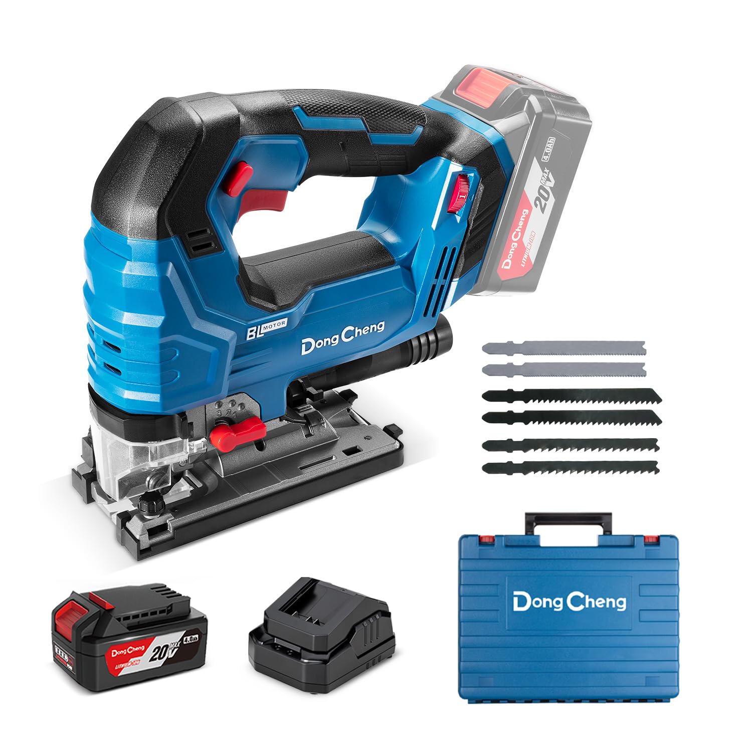 Dong Cheng Seghetto Alternativo 18V Senza Spazzole | Pendolo 800-3500 SPM | Taglio 0-45° | 6 Velocità | Con Doppio LED, Soffiatore, Batteria 4Ah, Caricabatteria, 6 Lame & Valigetta
