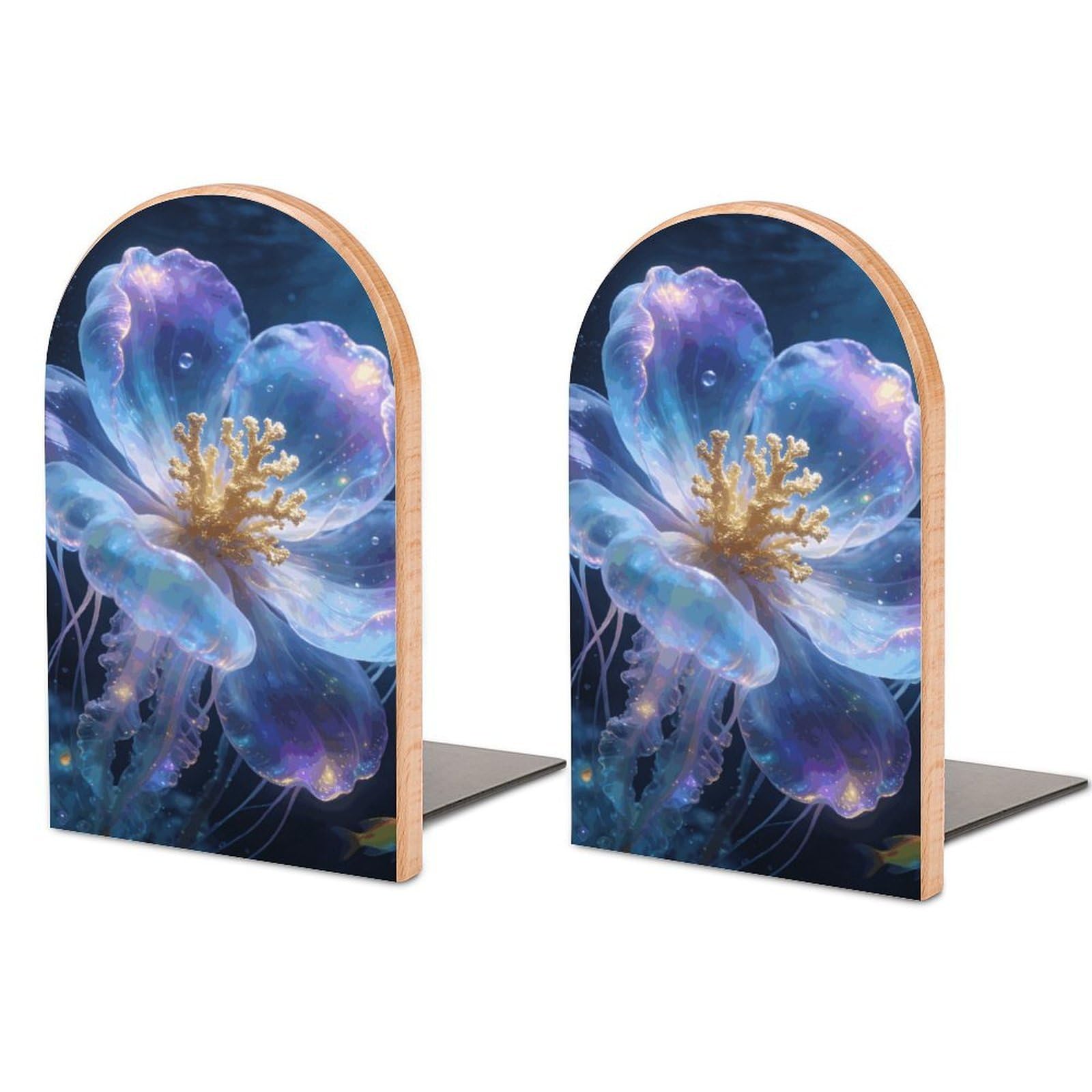 Sujetalibros de madera Oceanic Bloom con base de metal antideslizante para oficina, 1 par