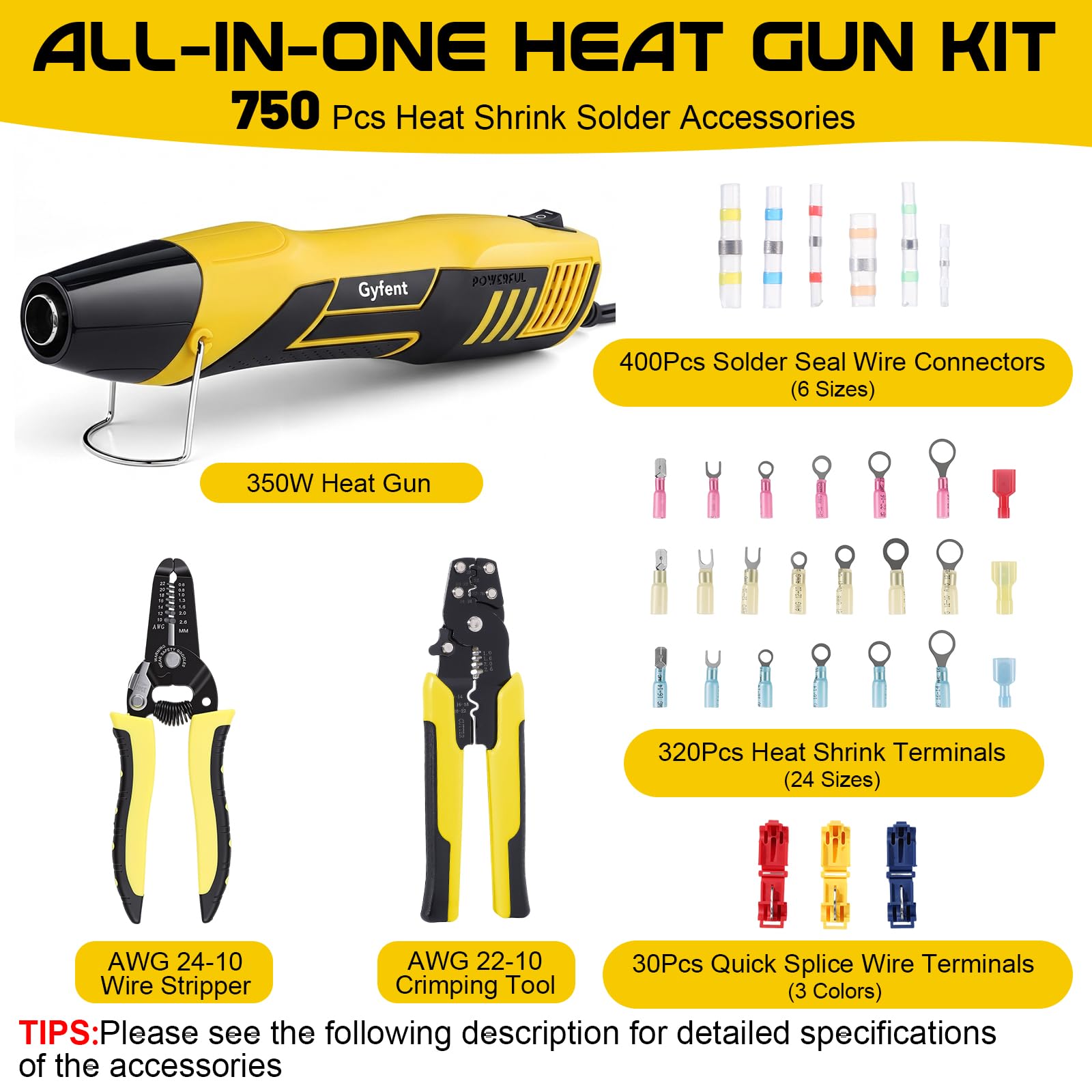 Kit de pistola de calor 3 en 1 con 750 conectores de alambre termorretráctiles y caja de almacenamiento, pistola de calor de 350 W con pelacables AWG22-10 y conectores de alambre de herramienta