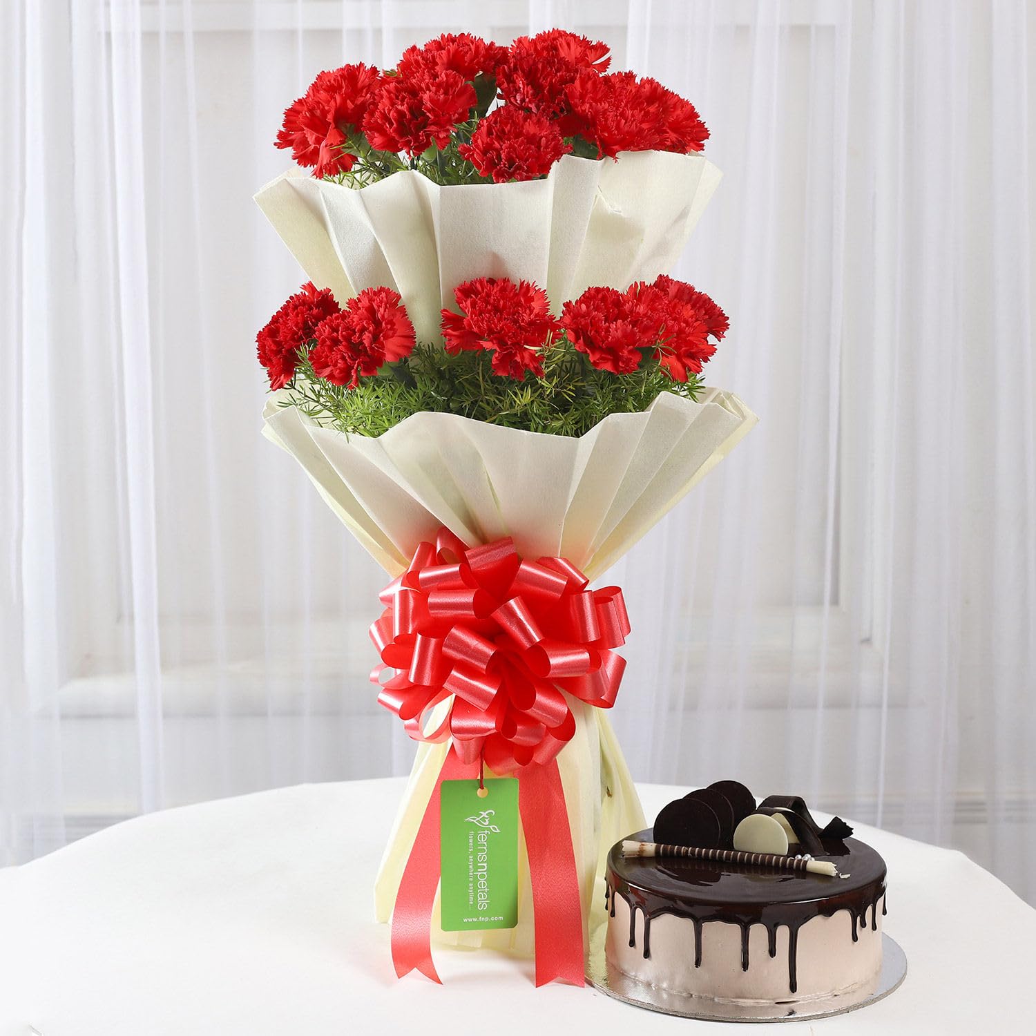 Fnp Two Layer Red Carnations Bouquet & Chocolate Cake Combo-image-2
