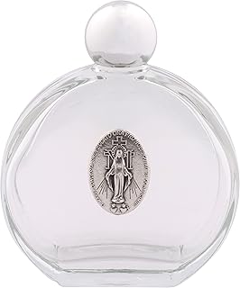 Holy Water Bottle | Glass with Miraculous Medal Metal Plate | Silver-Tone Twist on Cap | Great Catholic Gift for Baptism, First Holy Communion, and Confirmation (Round Bottle)