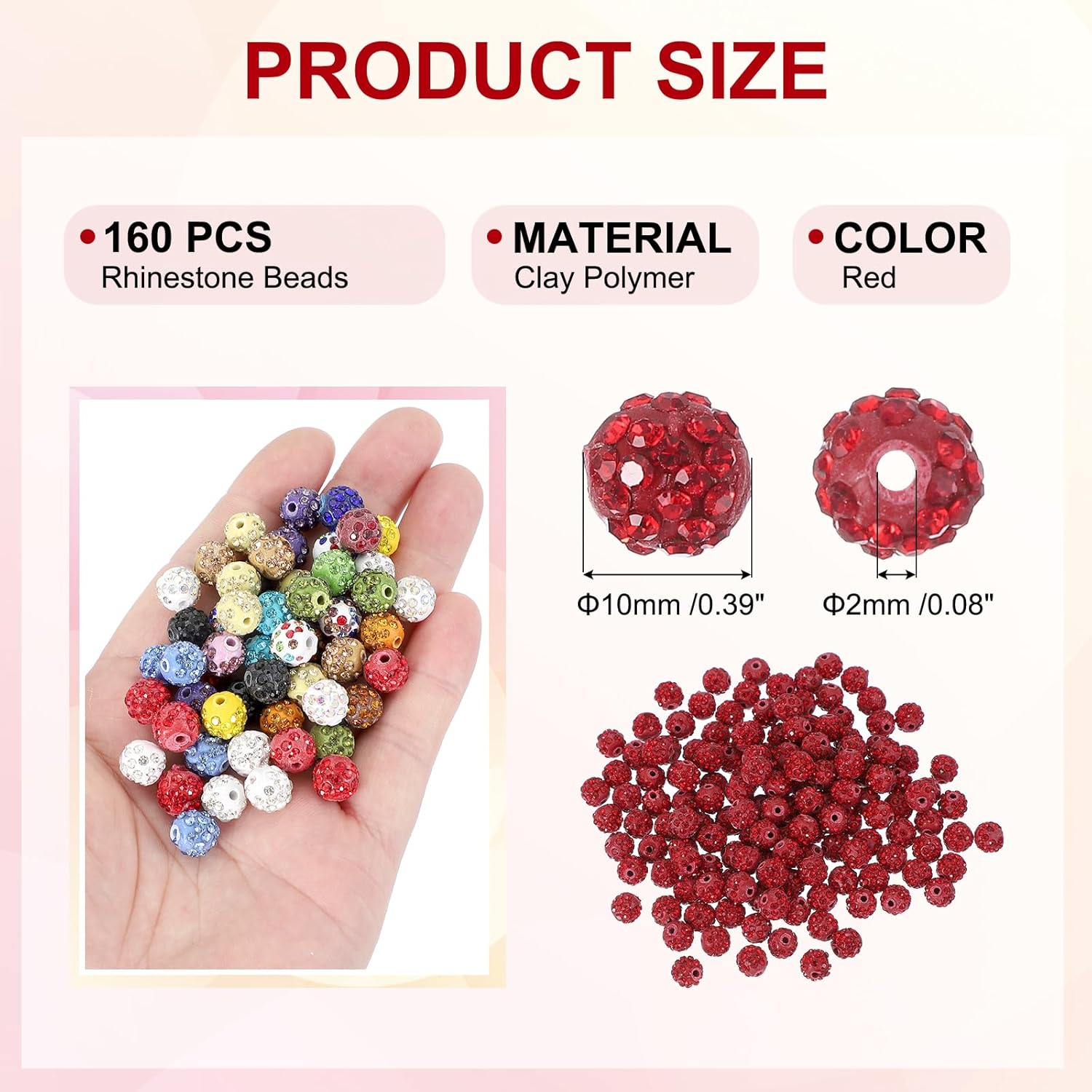 PATIKIL 10mm Clay Rhinestone Beads for Jewelry Making, 160 Pcs Sparkly Round Disco Beads Shiny Diamond Ball Beads Bulk for DIY Crafting Bracelet Earring Pens, Red - Image 2