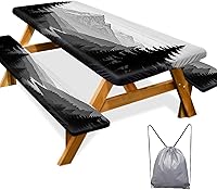Vista 75 de Funda de mesa de picnic con fundas para bancos, mantel de camping impermeable y a prueba de viento con bolsa de cordón, rectangular ajustada