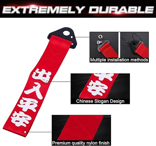 Miniatura 3 de Xotic Tech - 2 piezas de parachoques delantero rojo JDM Racing de nailon con correa de remolque con eslogan chino de acero + gancho de remolque de