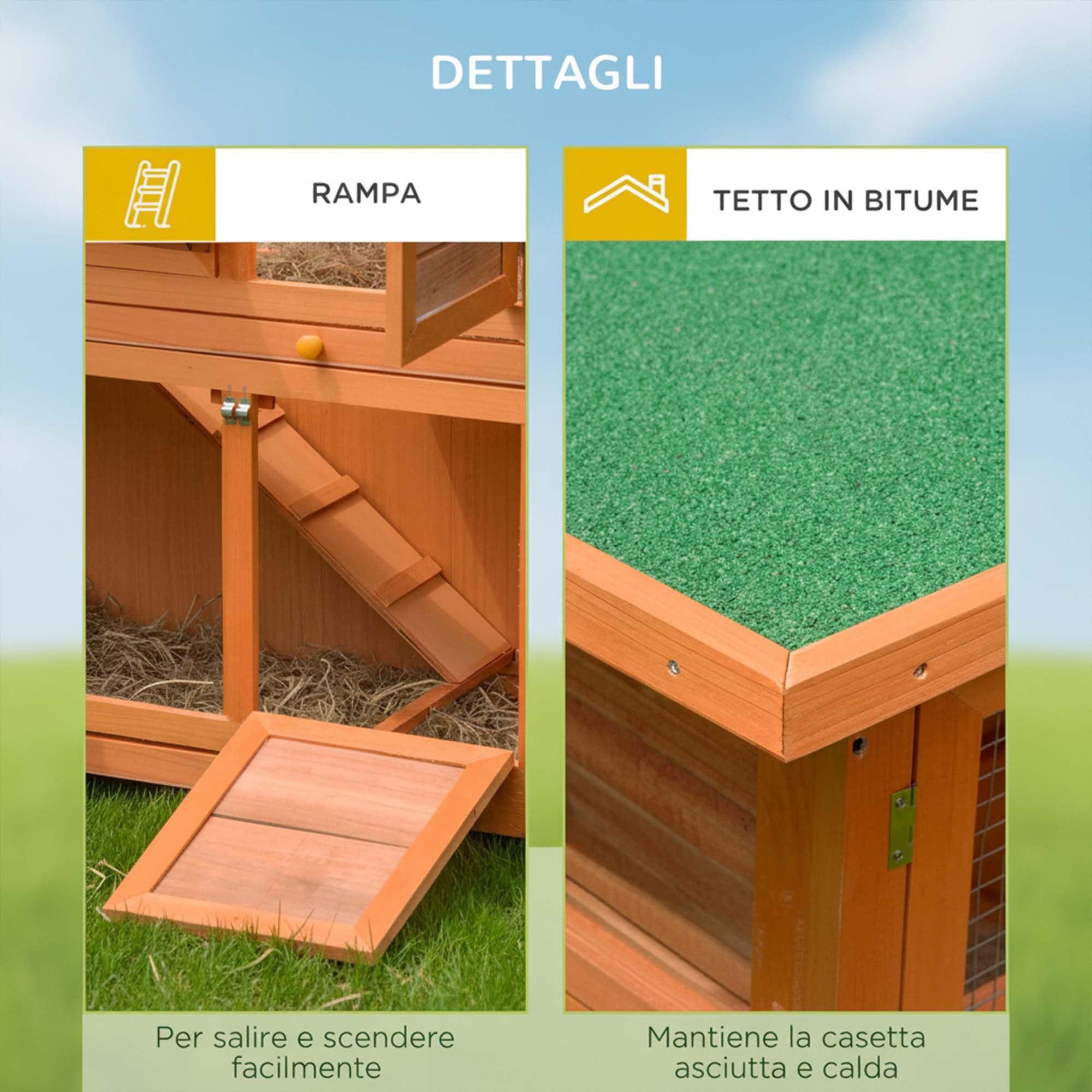 PawHut Conigliera da Esterno in Legno con Rampa a 2 Piani Casetta per Porcellini d'India e Gabbia Casetta per Conigli Animali Piccoli 122x48x100 cm